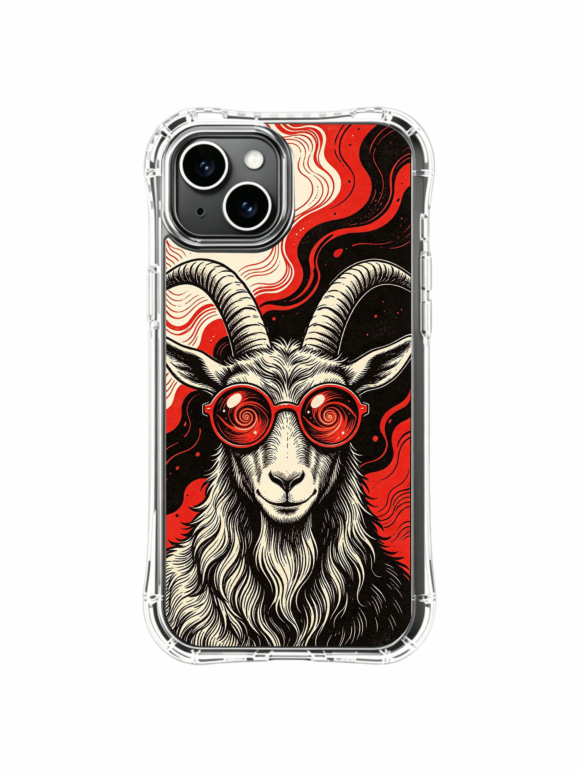 USA locally crafted luxury illustrated Red Frequency Goat PhoneCasing iPhone 13 Case, world-renowned Rufus Vale exclusive print serving as personalized art gift for female wearable art collectors.