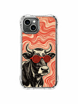 USA locally crafted luxury illustrated Hypnotic Red Lens Cow PhoneCasing iPhone 13 Case, world-renowned Rufus Vale exclusive print serving as personalized art gift for female wearable art collectors.
