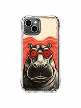 USA locally manufactured luxury illustrated red spiral eyeglass hippo PhoneCasing iPhone 13 Case, authentic Rufus Vale art casing as personalized wearable gift for female vintage art collectors.