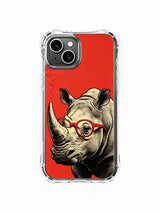 Red-glasses rhinoceros illustration on an iPhone 13 case