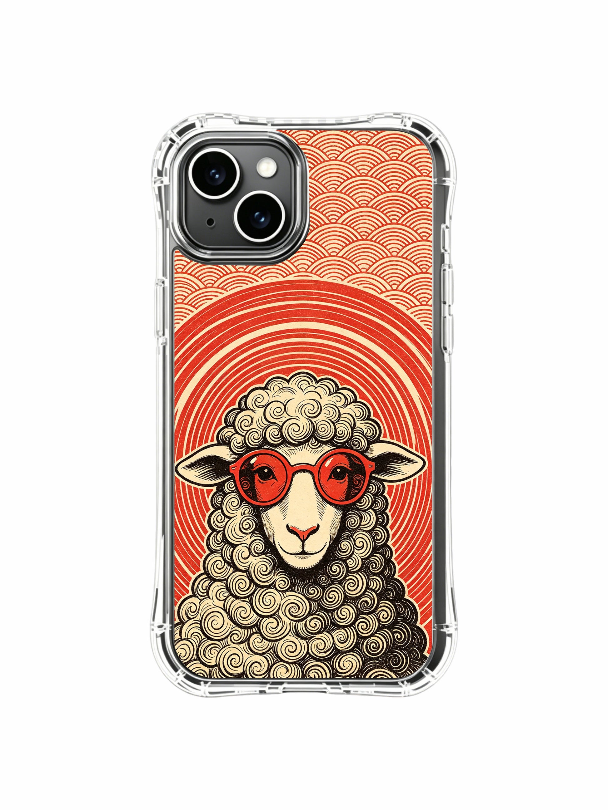 USA locally manufactured luxury illustrated red eyeglass poetic sheep PhoneCasing iPhone 13 Case, authentic Rufus Vale art casing as personalized wearable gift for female vintage art collectors.