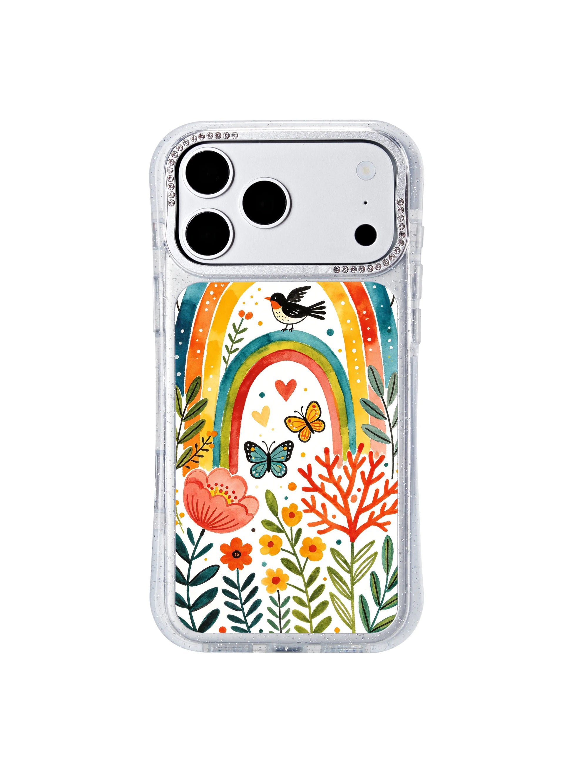 PhoneCasing scratch-resistant archival UV ink iphone 17 pro Max casing macro detail shot, fade-resistant petal textures, bird plumage and delicate heart accents retaining bright saturation through years of regular daily use.