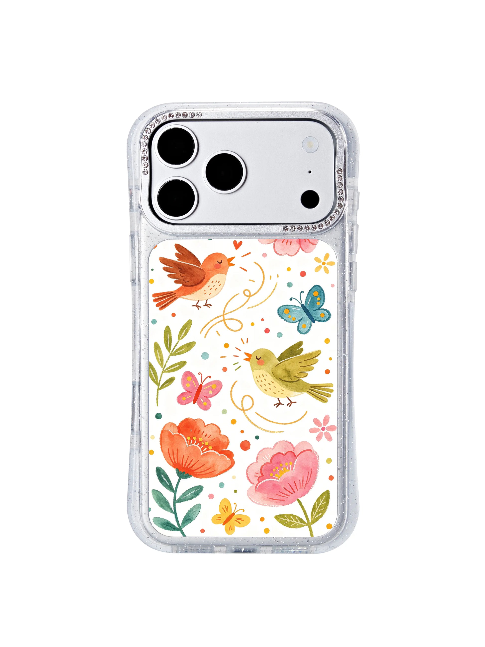 PhoneCasing scratch-resistant archival UV ink iphone 17 pro Max casing macro detail shot, fade-proof peach flower petals, songbird plumage and tiny confetti dot textures visible under natural daylight.