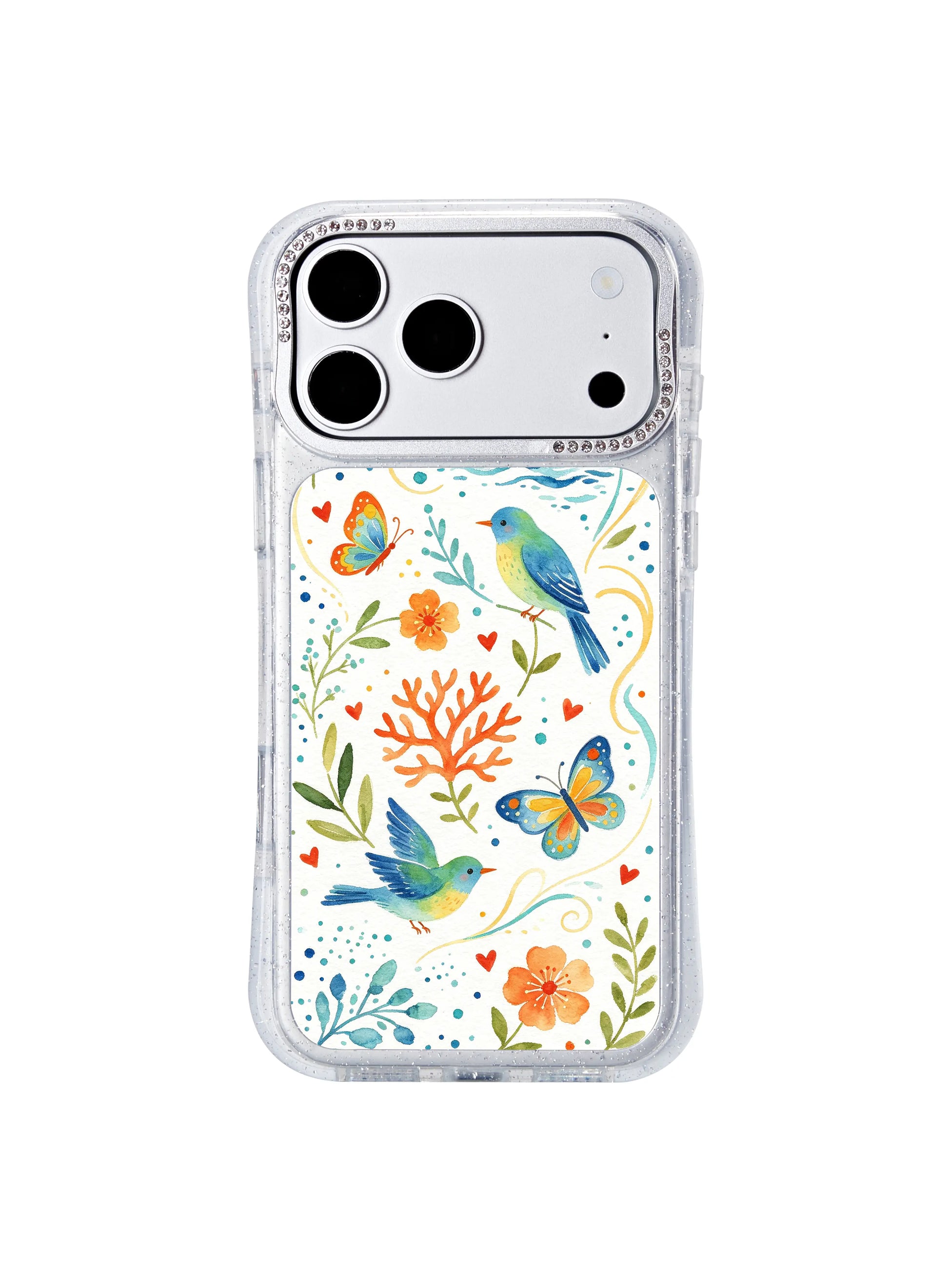 PhoneCasing scratch-resistant archival UV ink iphone 17 pro Max casing macro detail shot, fade-proof orange coral blooms, teal bird plumage and blue wave dot textures under natural light.