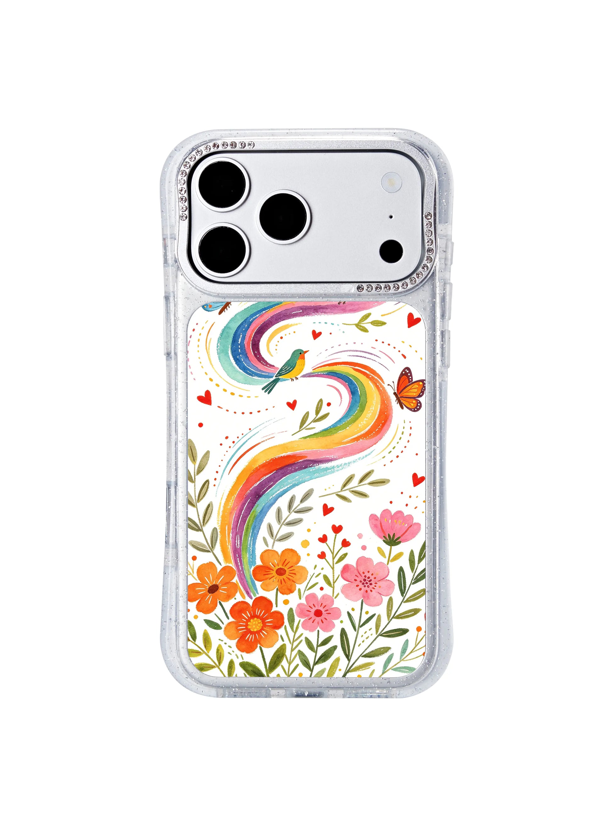 PhoneCasing scratch-resistant archival UV ink iphone 17 pro Max casing macro shot, long-lasting vivid details of orange and pink flowers beneath the swirling rainbow wind trails.