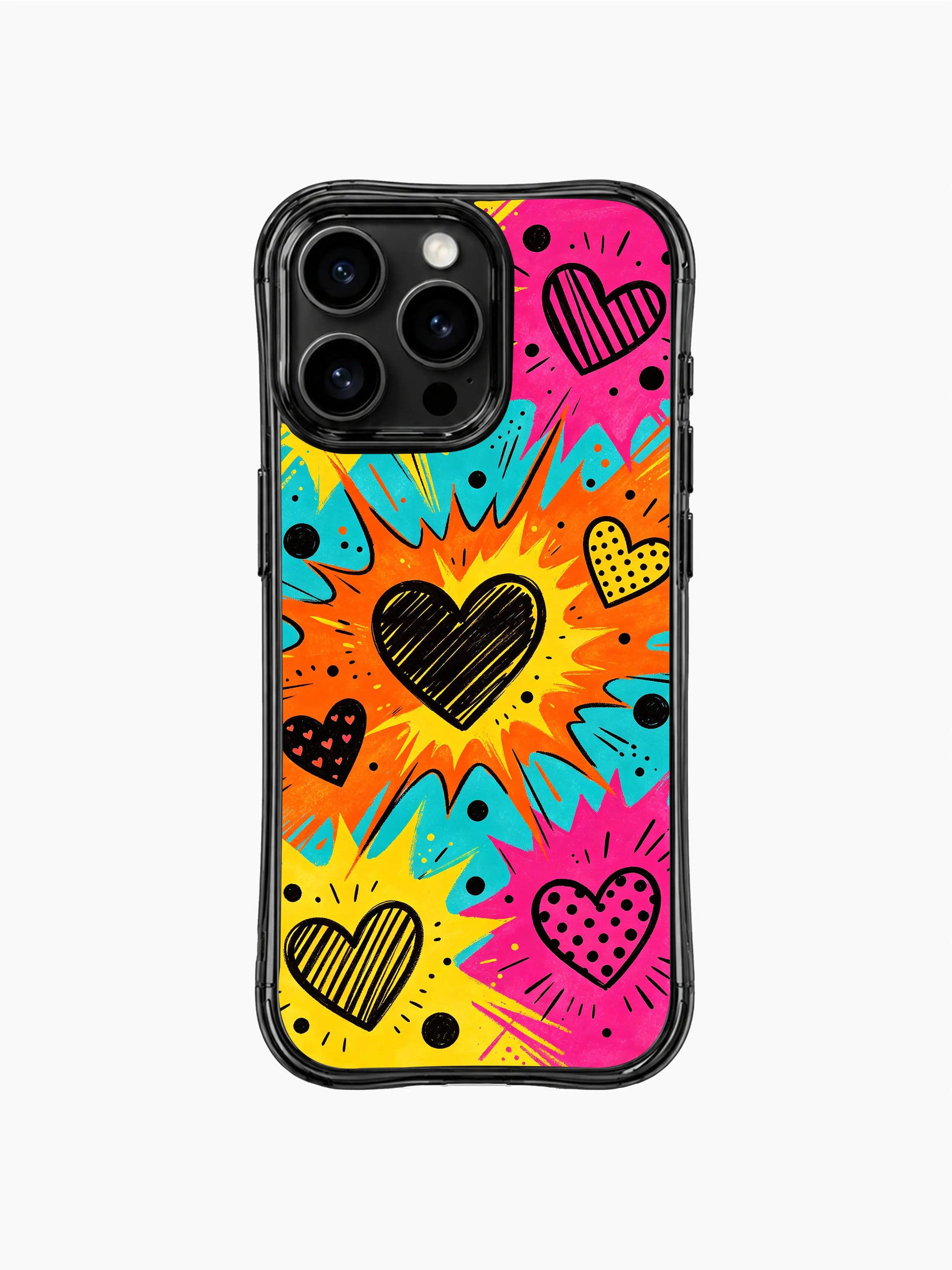 PhoneCasing iPhone 13 Pro Max cover Comic Love Explosion retro comic burst heart pop pattern ideal for valentine bold crush surprise gifts, vibrant loud romantic protective casing.