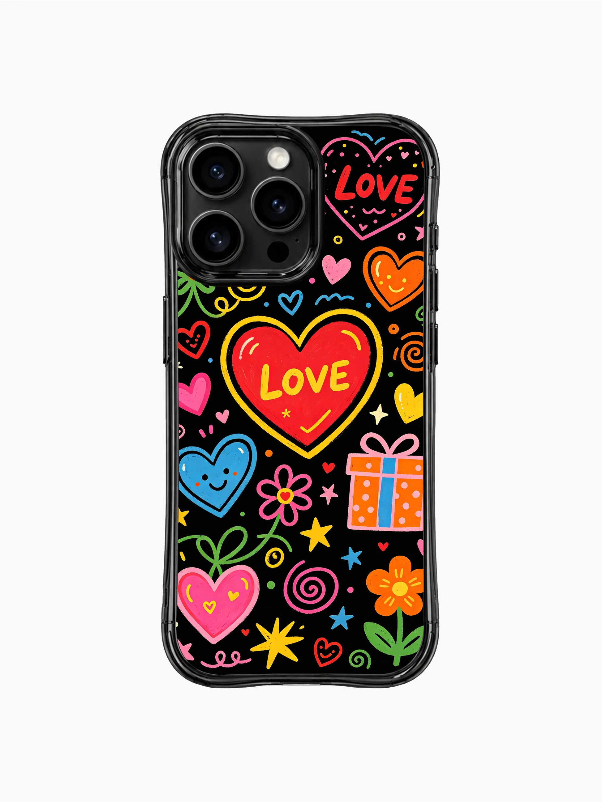 PhoneCasing iPhone 13 Pro Max casing flagship Valentine Street Party signature print by Nova Heartwell, full packed cartoon smile heart, gift & daisy valentine holiday wrap phone cover.