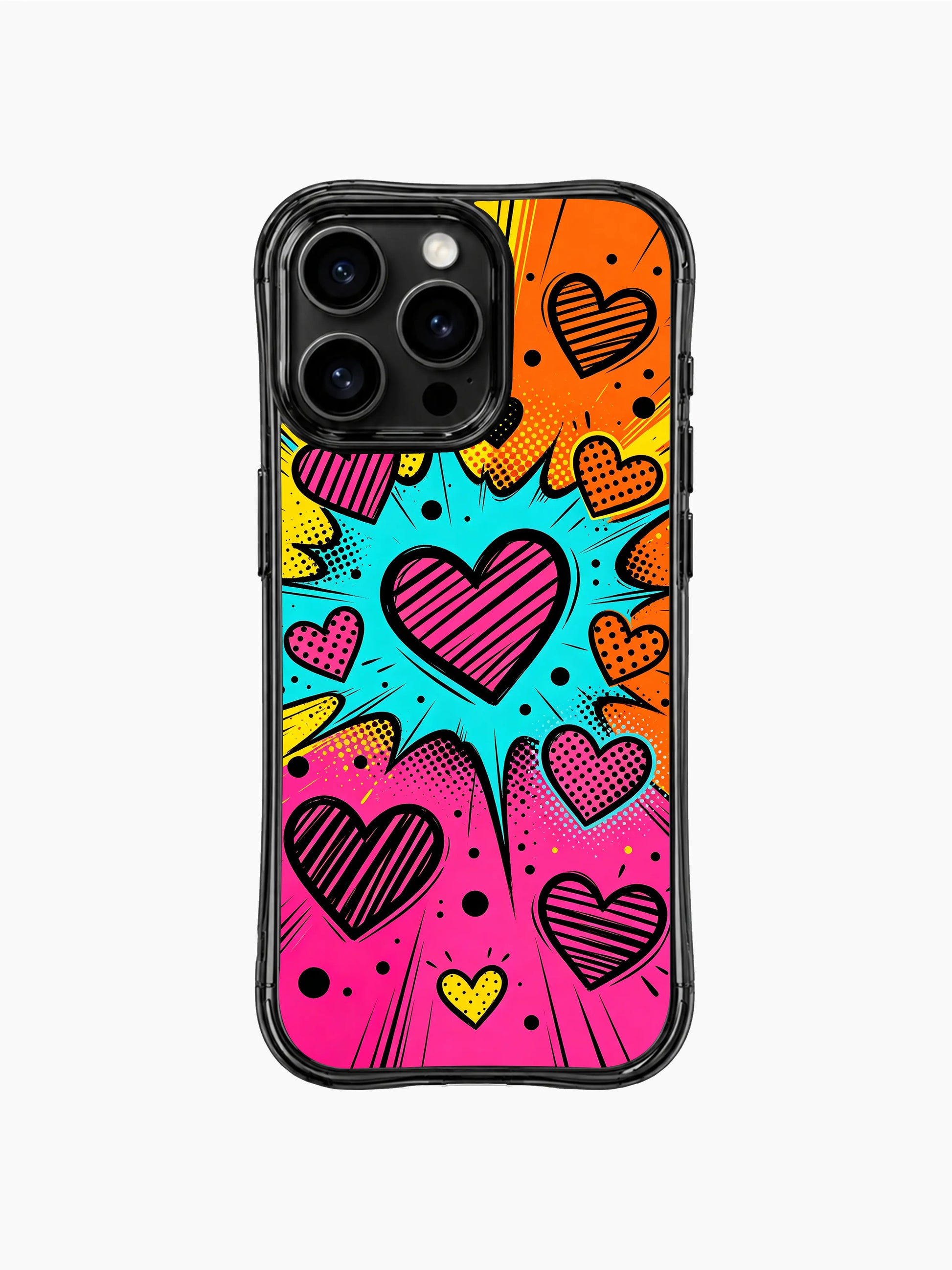 PhoneCasing iPhone 13 Pro Max casing mix of oversized central focal hearts and tiny mini accent hearts, alternating stripe and dot textures, dynamic energetic pop aesthetic phone case.