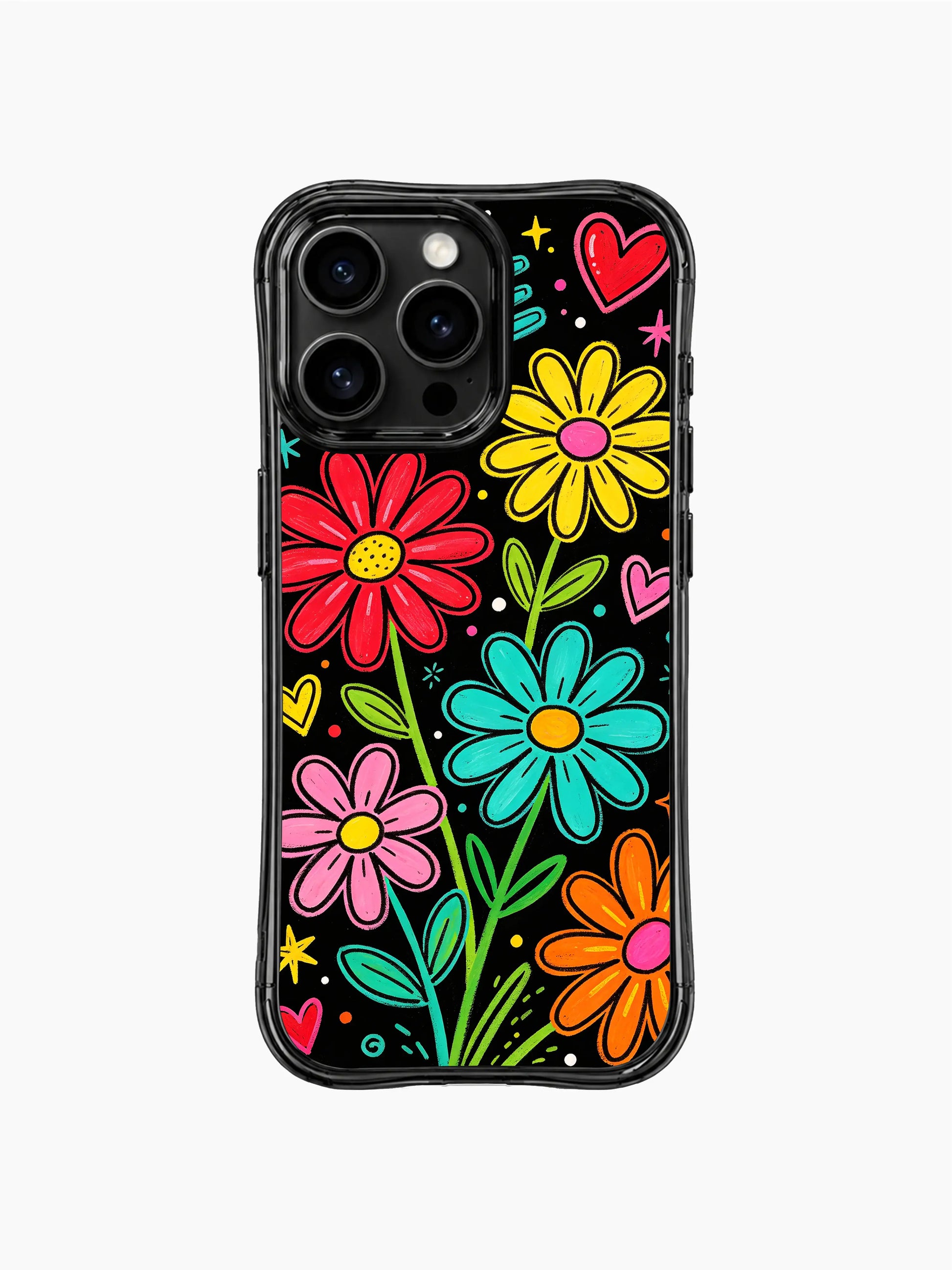 PhoneCasing iPhone 13 Pro Max casing mixed large and tiny daisy blooms paired with multi-size neon sketch hearts, random dot and star accents, carefree soft love aesthetic phone case.