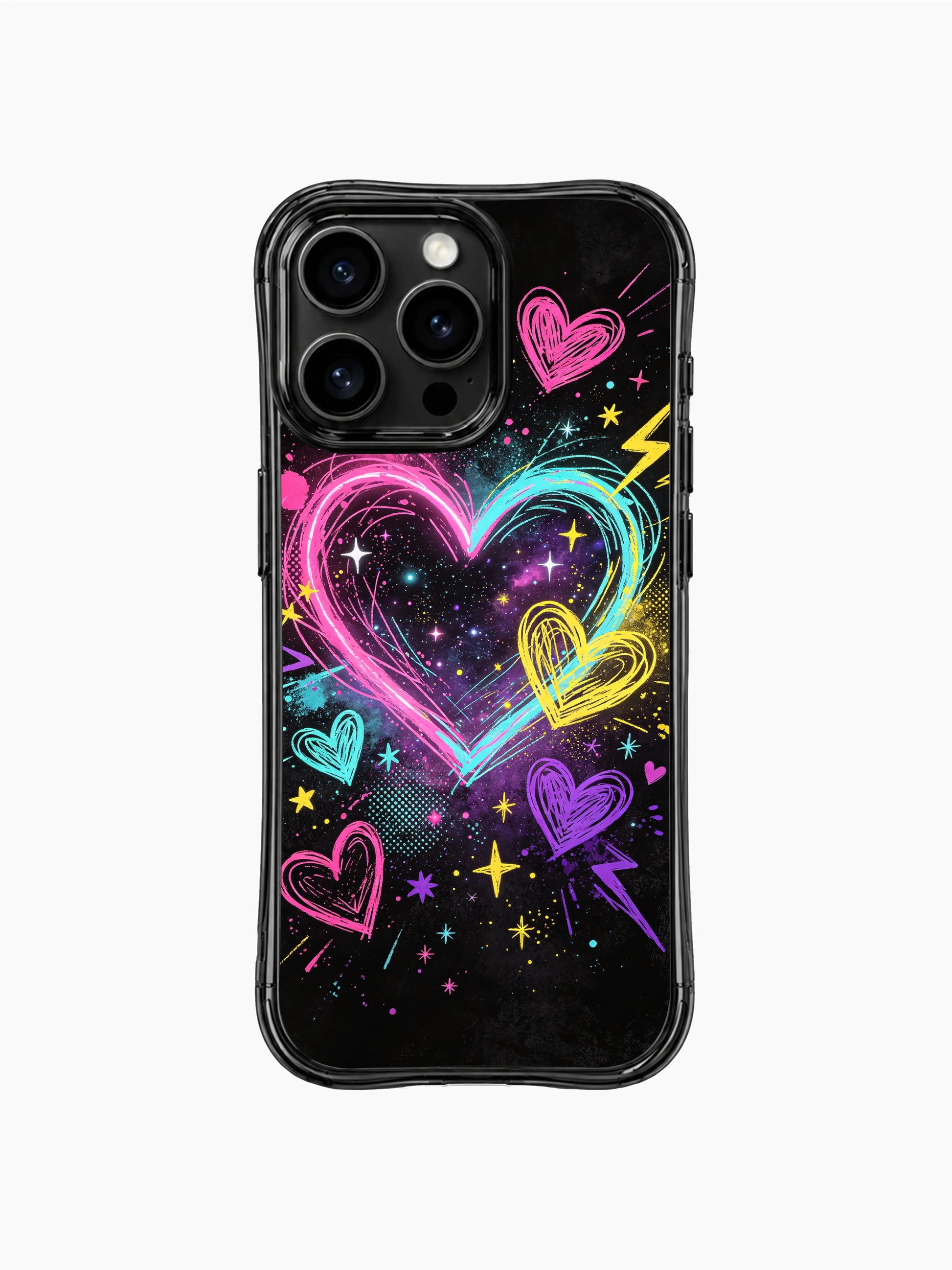 PhoneCasing iPhone 13 Pro Max casing mix of oversized focal layered scribble hearts and tiny mini accent hearts, scattered lightning bolts and multi-size star sparkles, dreamy cosmic love aesthetic phone case.