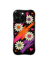 PhoneCasing iPhone 16 pro Case with full-bleed layered slow velvet ribbon swirl floating daisy and mini night heart layout, Ruby Daze soft dreamy fantasy design, slim lightweight wavy premium case.