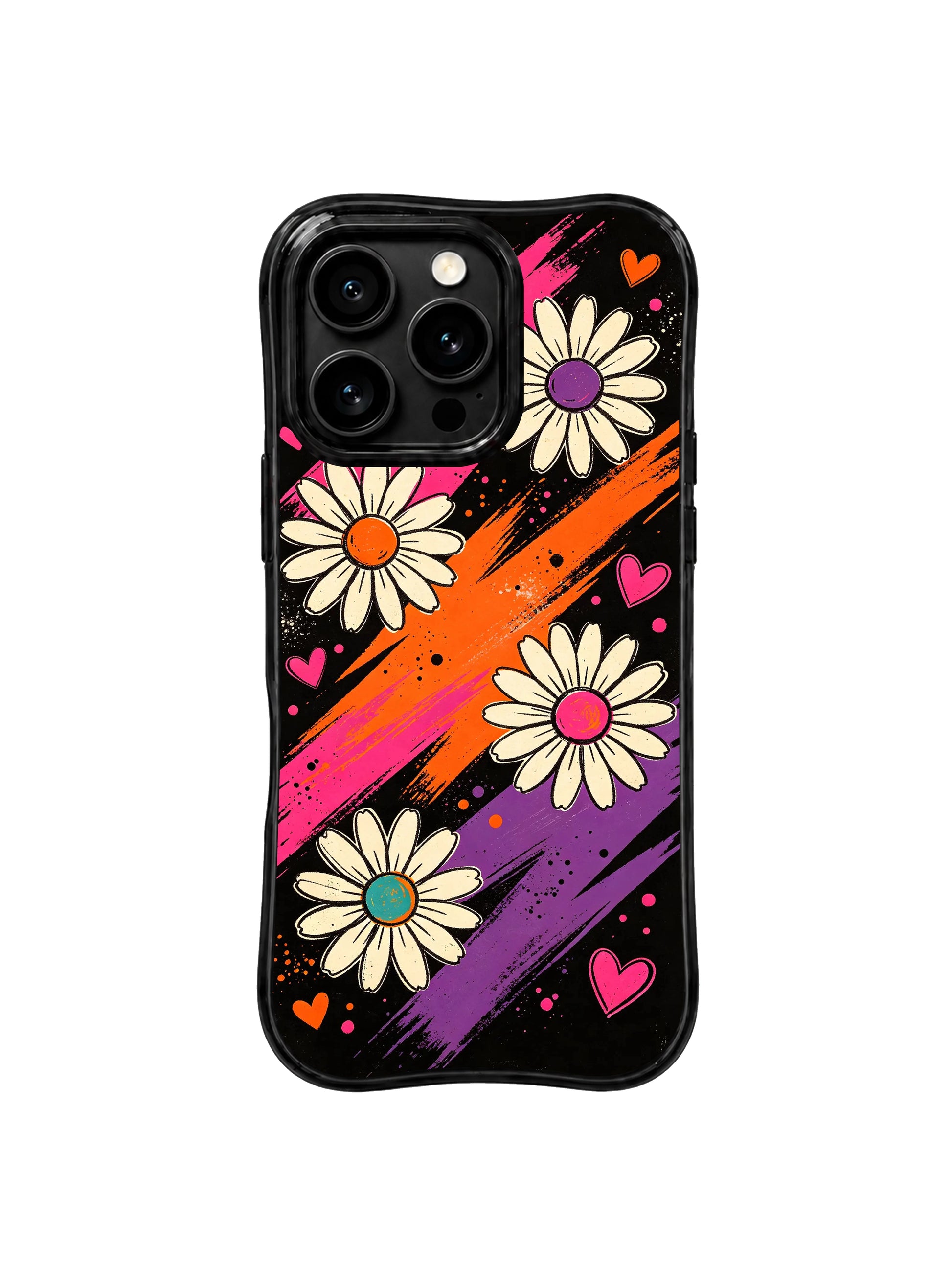 PhoneCasing iPhone 16 pro Case with full-bleed layered slow velvet ribbon swirl floating daisy and mini night heart layout, Ruby Daze soft dreamy fantasy design, slim lightweight wavy premium case.