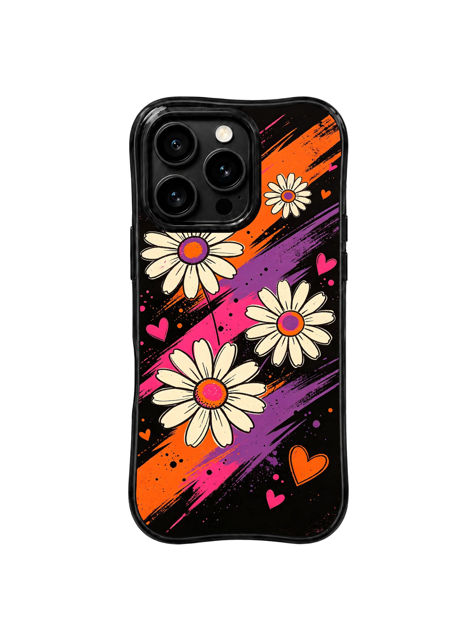 PhoneCasing iPhone 16 pro Case with secret midnight garden fantasy wall poster style silky ribbon swirl daisy composition, exclusive Ruby Daze artist collab design, heavy-duty wavy black protective art case.