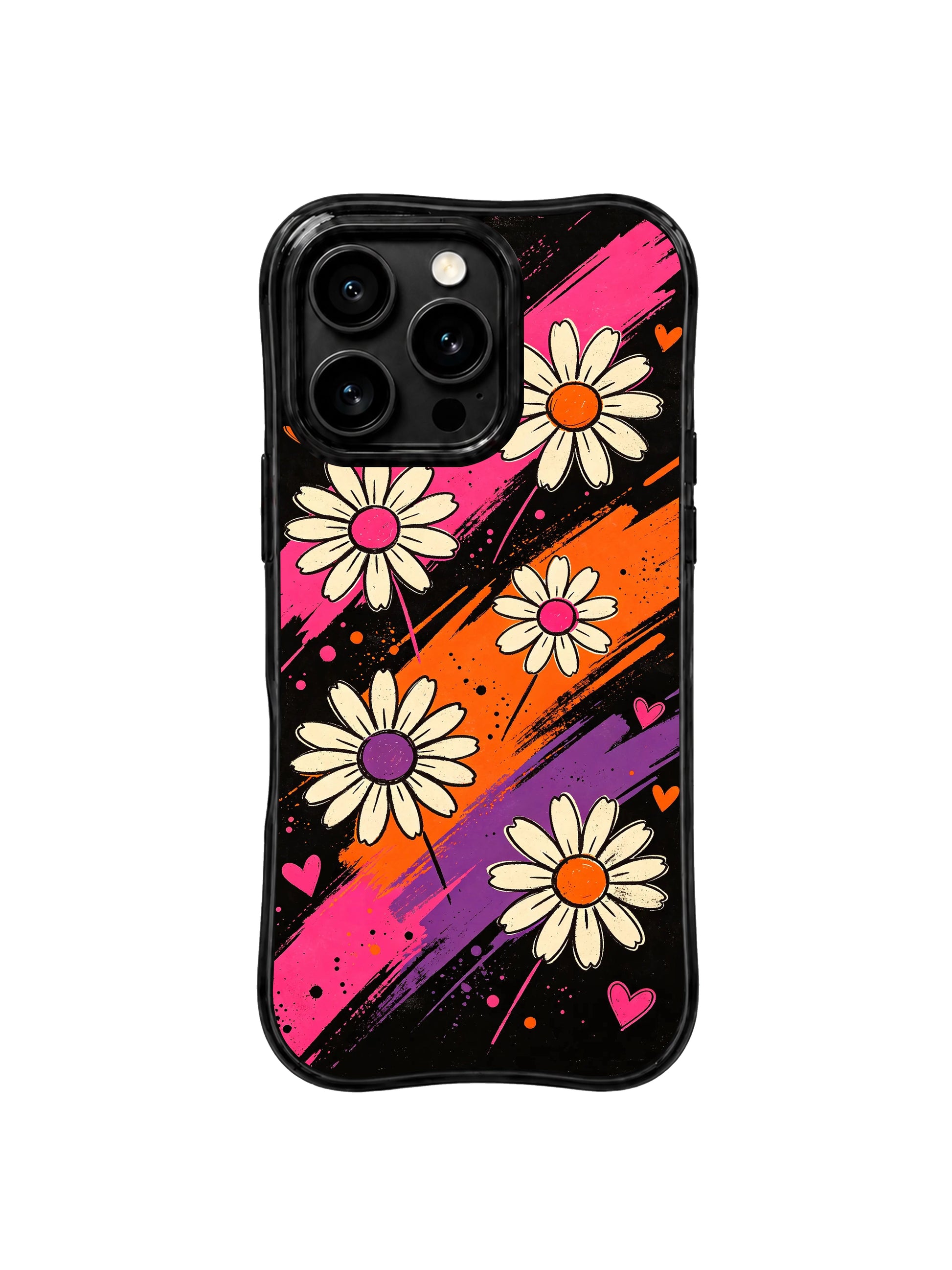 PhoneCasing iPhone 16 pro Case with tiny minimalist hand-doodled warm pink-orange night heart symbols across dark grunge midnight backdrop, soft Ruby Daze Velvet Wave Blossoms floral design, stylish women’s wavy phone casing.