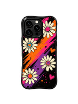 PhoneCasing iPhone 16 pro Case with tender gentle organic hand-drawn outlines around floating daisy petals, Ruby Daze UV-printed dreamy psychedelic art, gallery-grade wavy print casing.