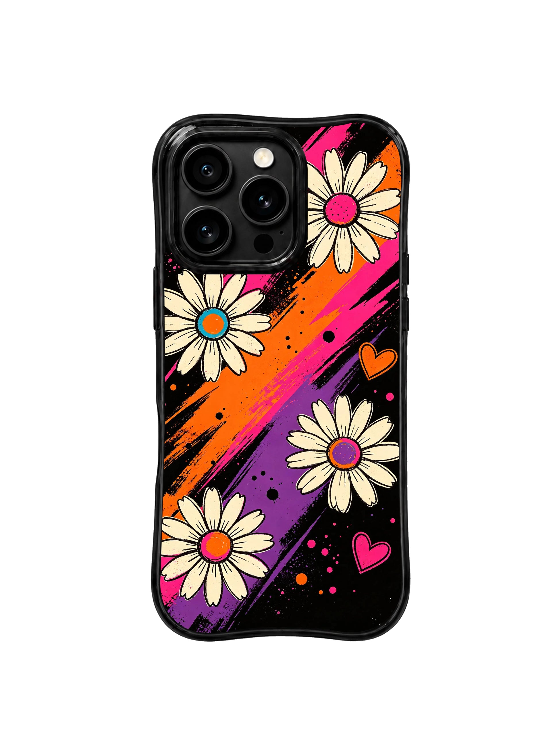 PhoneCasing iPhone 16 pro Case with tender gentle organic hand-drawn outlines around floating daisy petals, Ruby Daze handmade dreamy psychedelic art, gallery-grade wavy print casing.