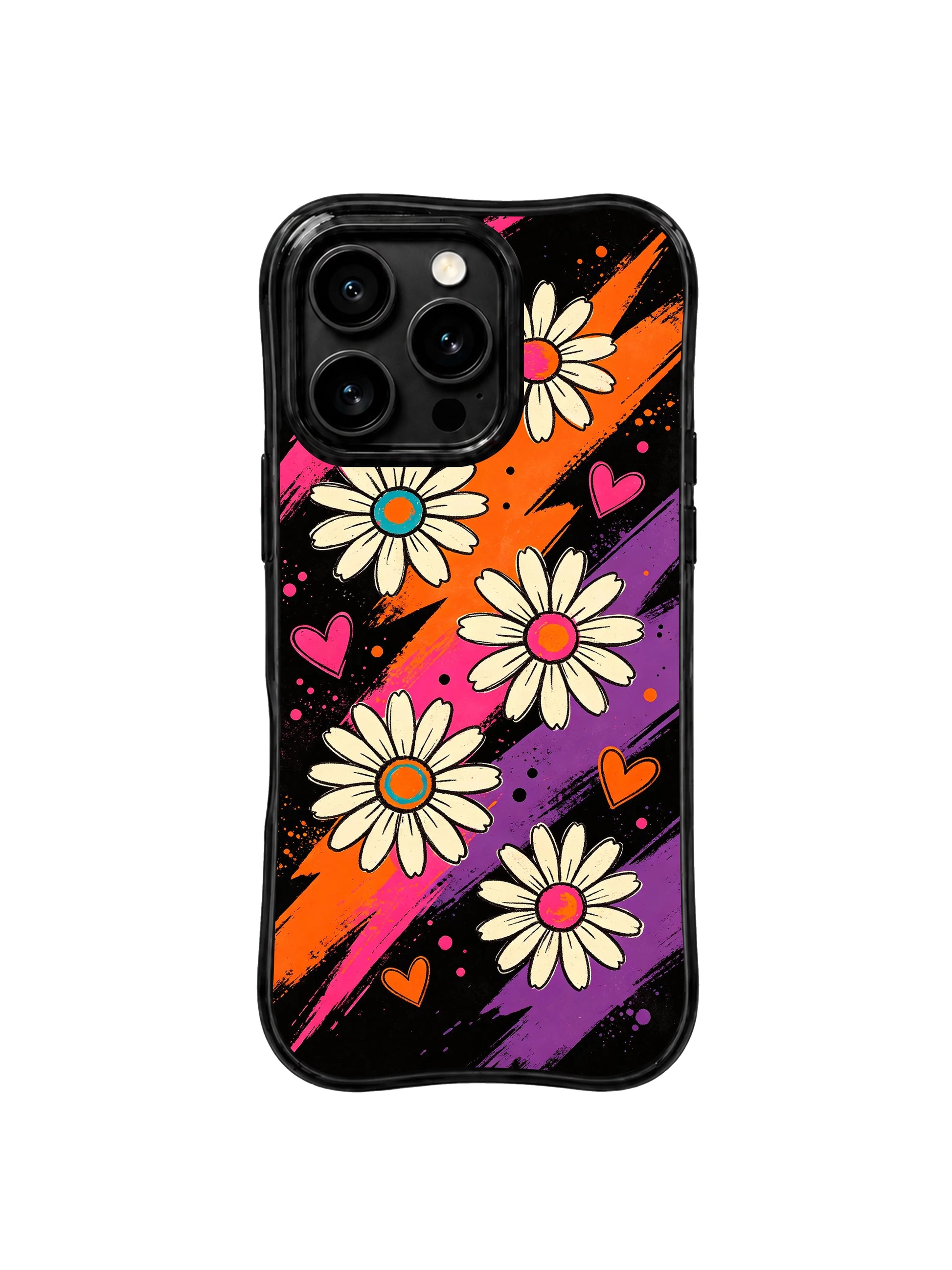 PhoneCasing iPhone 16 pro Case with subtle mini pink-orange heart night symbols hidden among ribbon swirls and daisies, Ruby Daze soft dreamy romantic psychedelic pop art, scratch-resistant wavy casing.