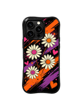 PhoneCasing iPhone 16 pro Case with gentle ethereal ribbon swirl daisy graphics themed on quiet hidden romance and soft surreal daydreams, Ruby Daze Daisy Love Riot printed wavy art casing.