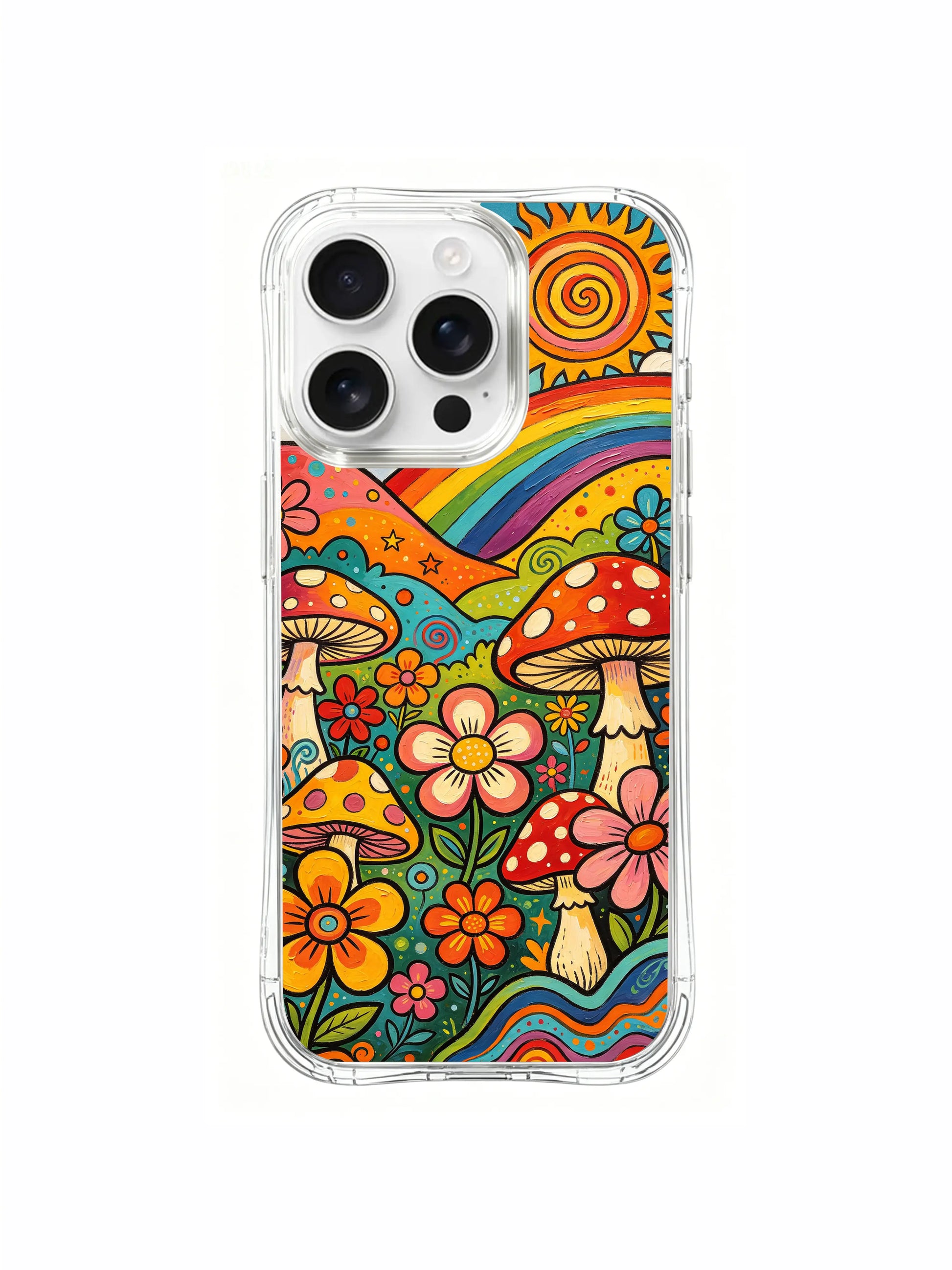 PhoneCasing iPhone 16 pro max Case, vertically focused bespoke casing with full-frame tall undulating green hills topped by bold curved rainbow, entire valley filled with organically merged flower and spotted amanita growth, fade-resistant lightweight wearable casing
