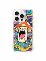 PhoneCasing iPhone 16 pro max Case, vertically focused bespoke casing with full-frame tall undulating green woodland ground topped by pale curved crescent moon, entire forest filled with organically clustered sleepy spotted amanita growth, UV-printed lightweight wearable casing.