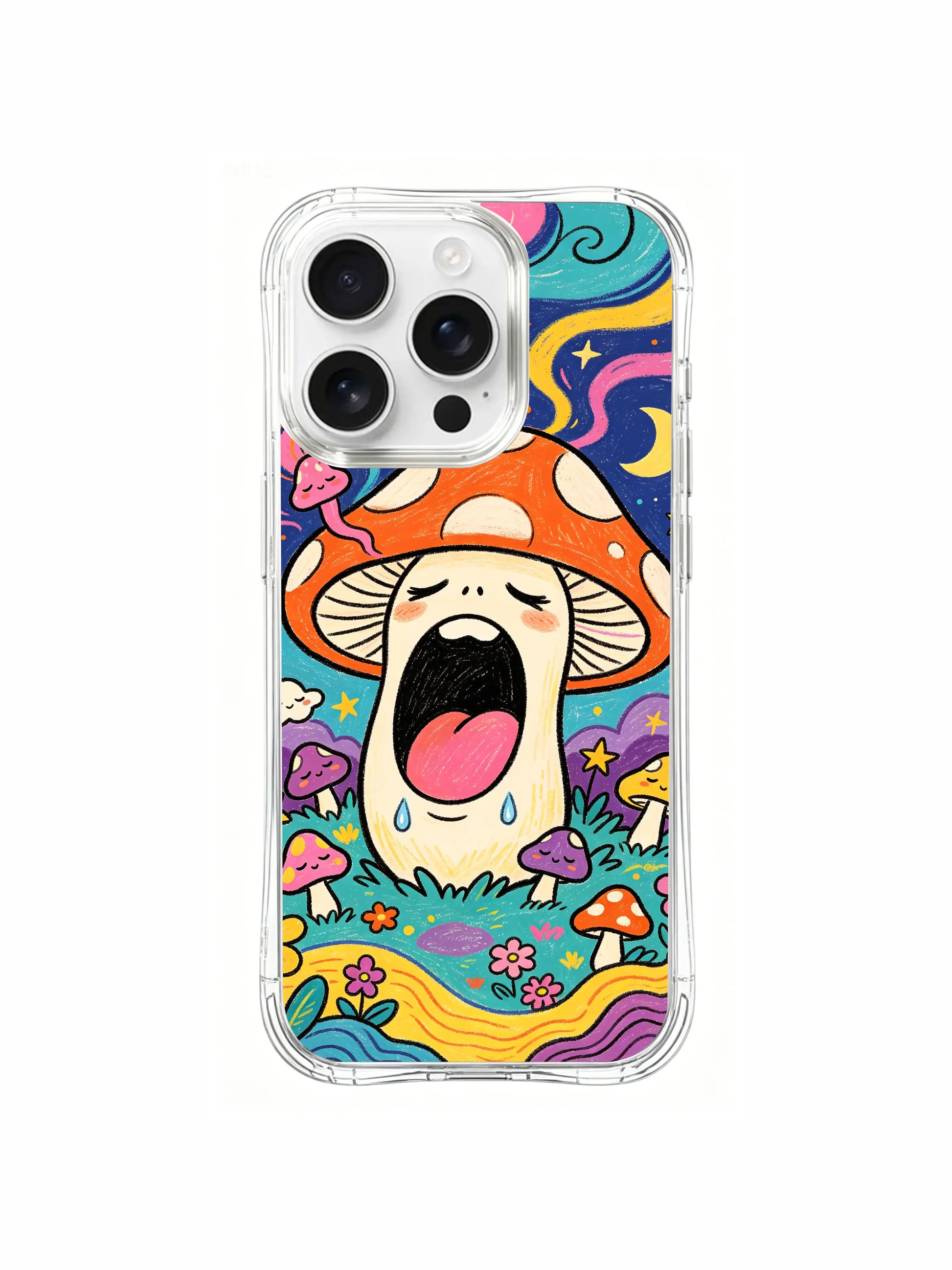 PhoneCasing iPhone 16 pro max Case, vertically focused bespoke casing with full-frame tall undulating green woodland ground topped by pale curved crescent moon, entire forest filled with organically clustered sleepy spotted amanita growth, fade-resistant lightweight wearable casing.