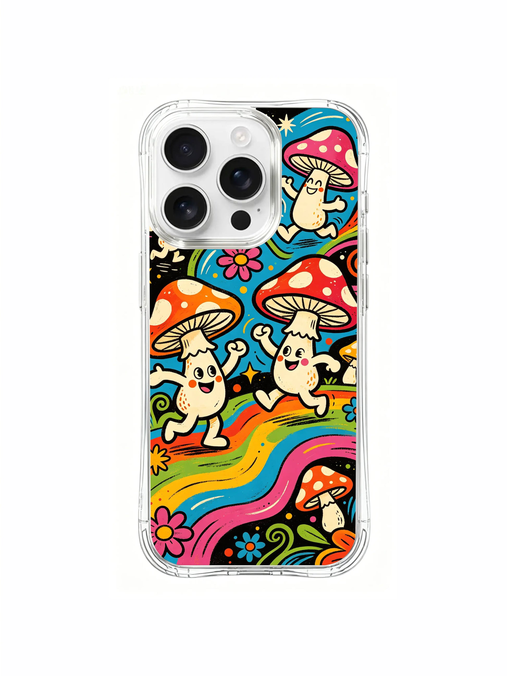 PhoneCasing iPhone 16 pro max Case, vertically focused bespoke casing with long undulating rainbow grass spanning full frame height for spring mushroom dance gathering, fade-resistant lightweight wearable casing