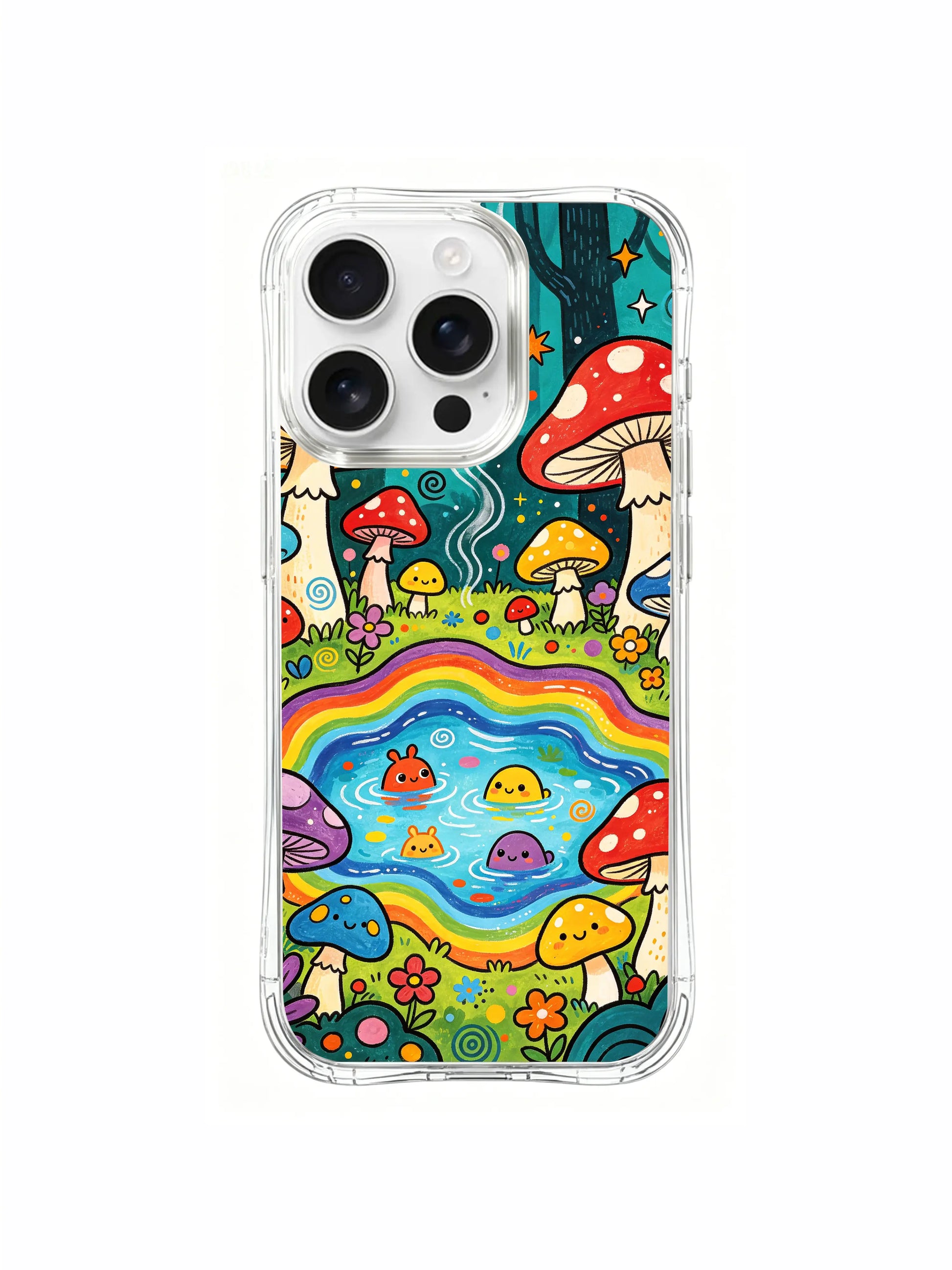 PhoneCasing iPhone 16 pro max Case, vertically focused bespoke casing with long undulating rainbow pond spanning full frame height for cozy blob friends’ enchanted woodland home, fade-resistant lightweight wearable casing