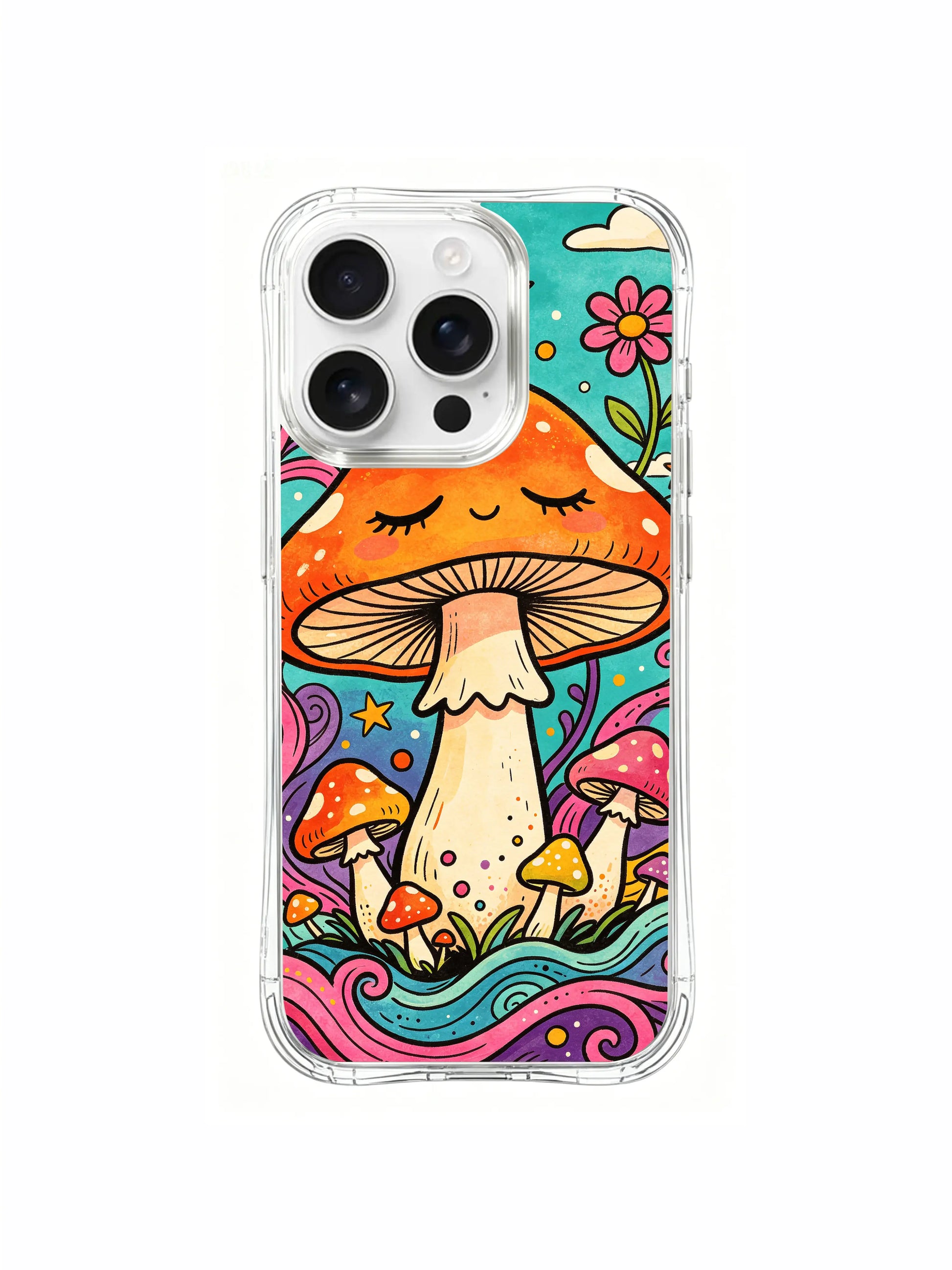 PhoneCasing iPhone 16 pro max Case, vertically focused bespoke casing with long undulating rainbow turf spanning full frame height for orange mushroom’s enchanted sleeping dream, fade-resistant lightweight wearable casing