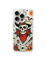 Cowboy skull with rose, flame and vertical scroll artwork on an iPhone 15 Pro case