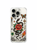 Snake and rose with vertical scroll and flame artwork on an iPhone 15 Pro case