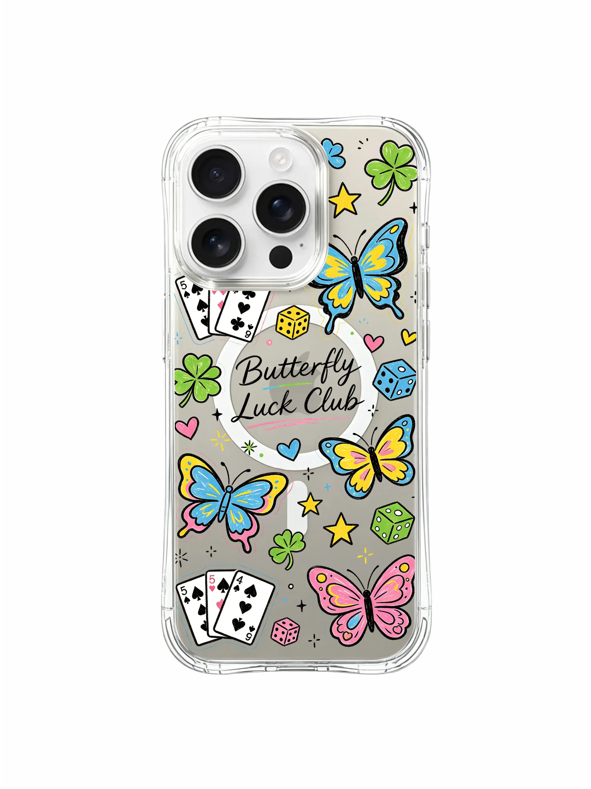 PhoneCasing iPhone 16 pro max heavy-duty protective case with vibrant butterflies, ace cards, dice and clover leaves in a playful girlish sticker design.
