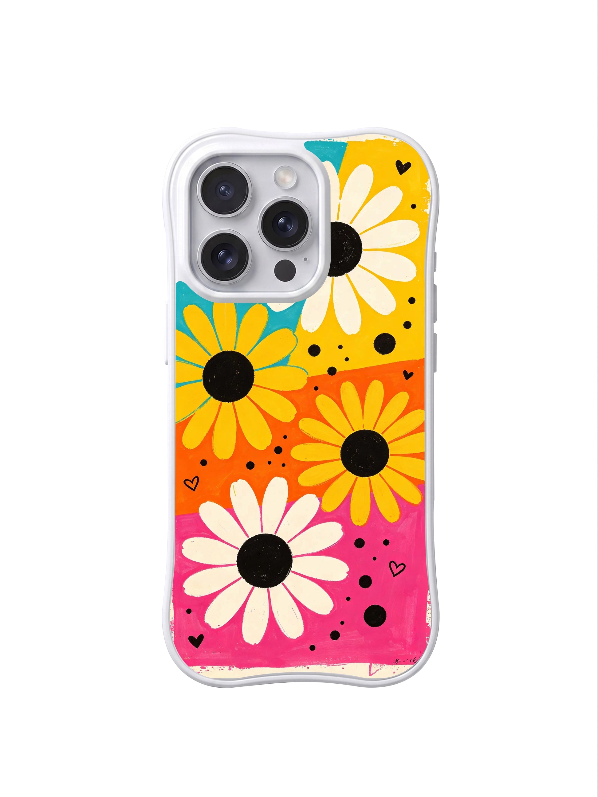 PhoneCasing iPhone 16 pro Case with exuberant candy riot color block floral layout, Ruby Daze Candy Riot Daisies signature collection, MagSafe wavy white protective art casing.