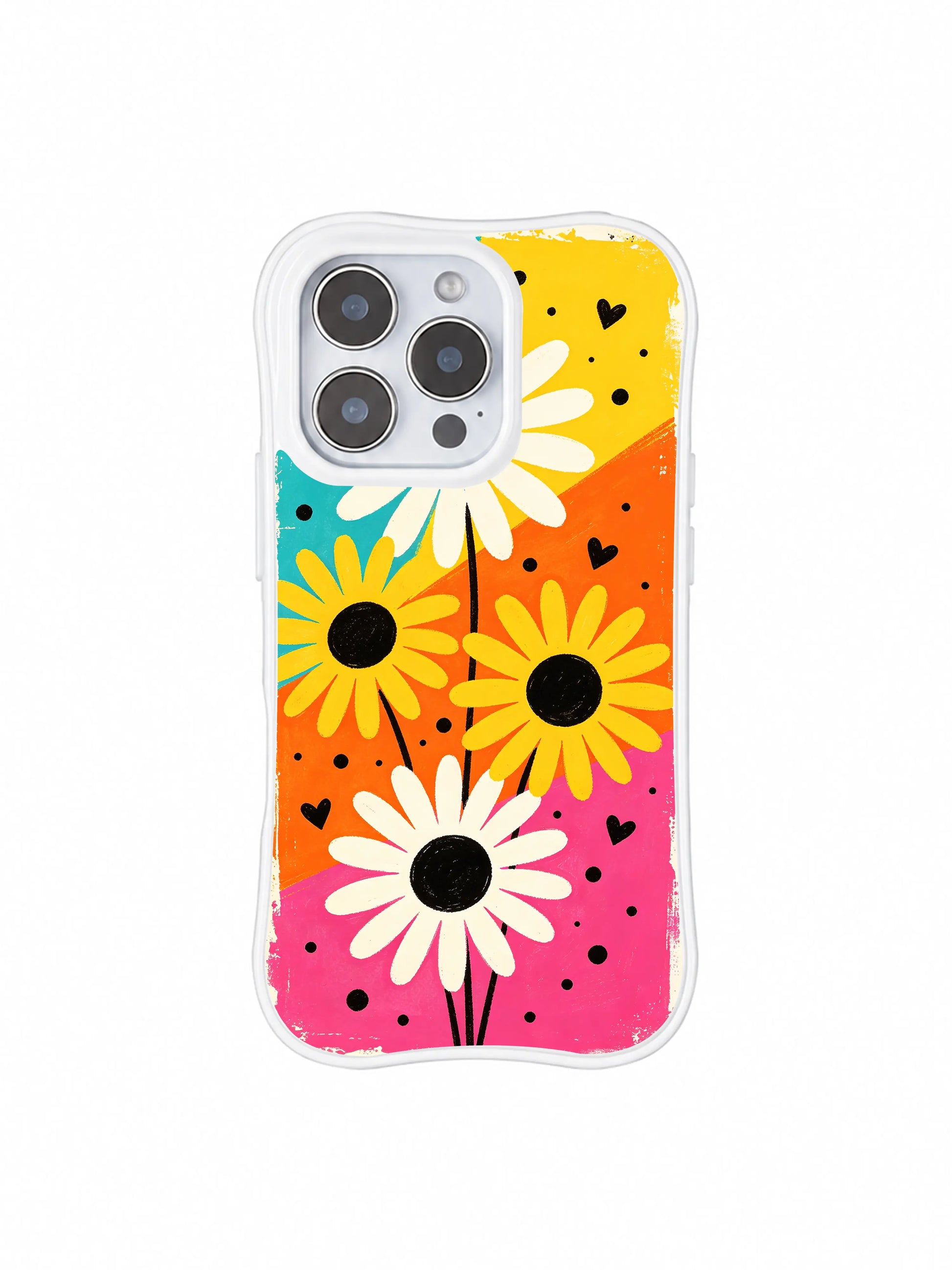 PhoneCasing iPhone 16 pro Case with exuberant candy riot color block floral layout, Ruby Daze Candy Riot Daisies signature collection, MagSafe wavy white protective art casing.