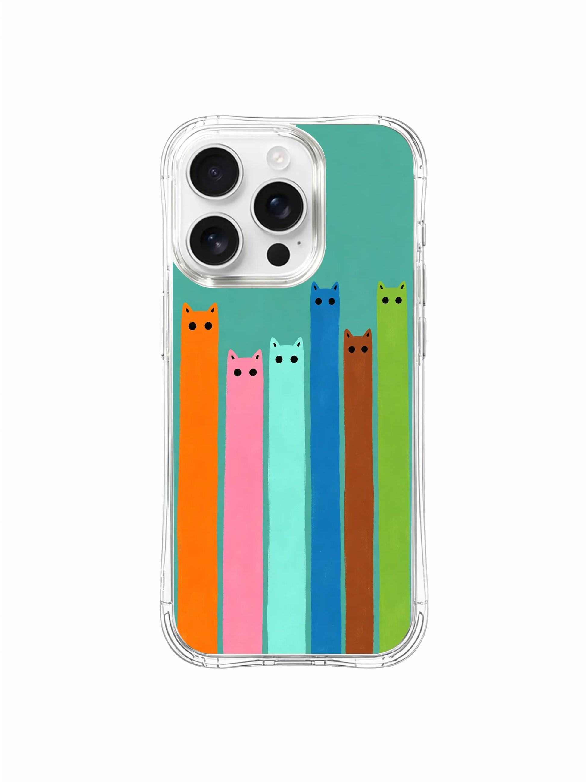 PhoneCasing iPhone 16 Pro Max with Vibrant Cat Elevator design, bright multicolored cats bringing cheerful rhythm to a soft teal background.