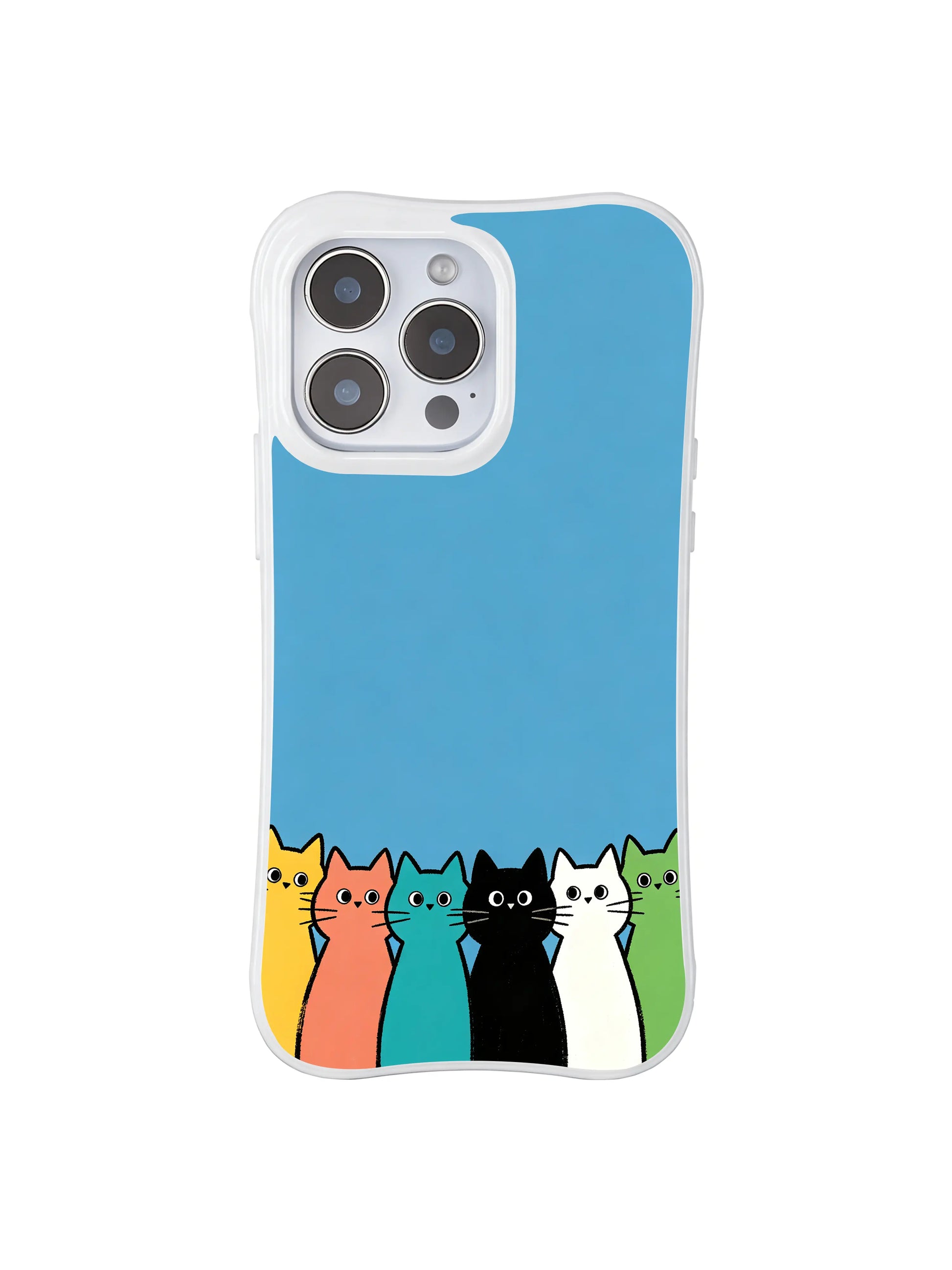PhoneCasing iPhone 16 Pro Max with Vibrant Cat Queue Blue Wall design, bright cats standing in line against a cool blue background.