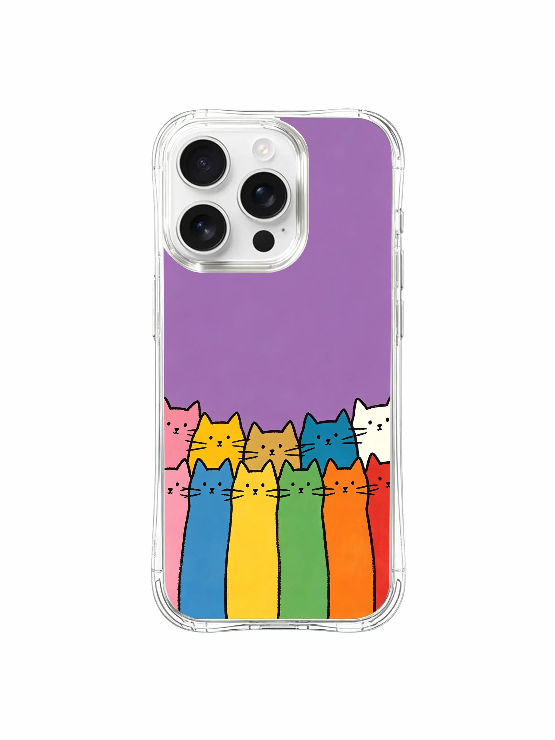 PhoneCasing iPhone 16 Pro Max with Vibrant Cat Squad design, bright multicolored cats bringing cheerful energy to a soft purple background.