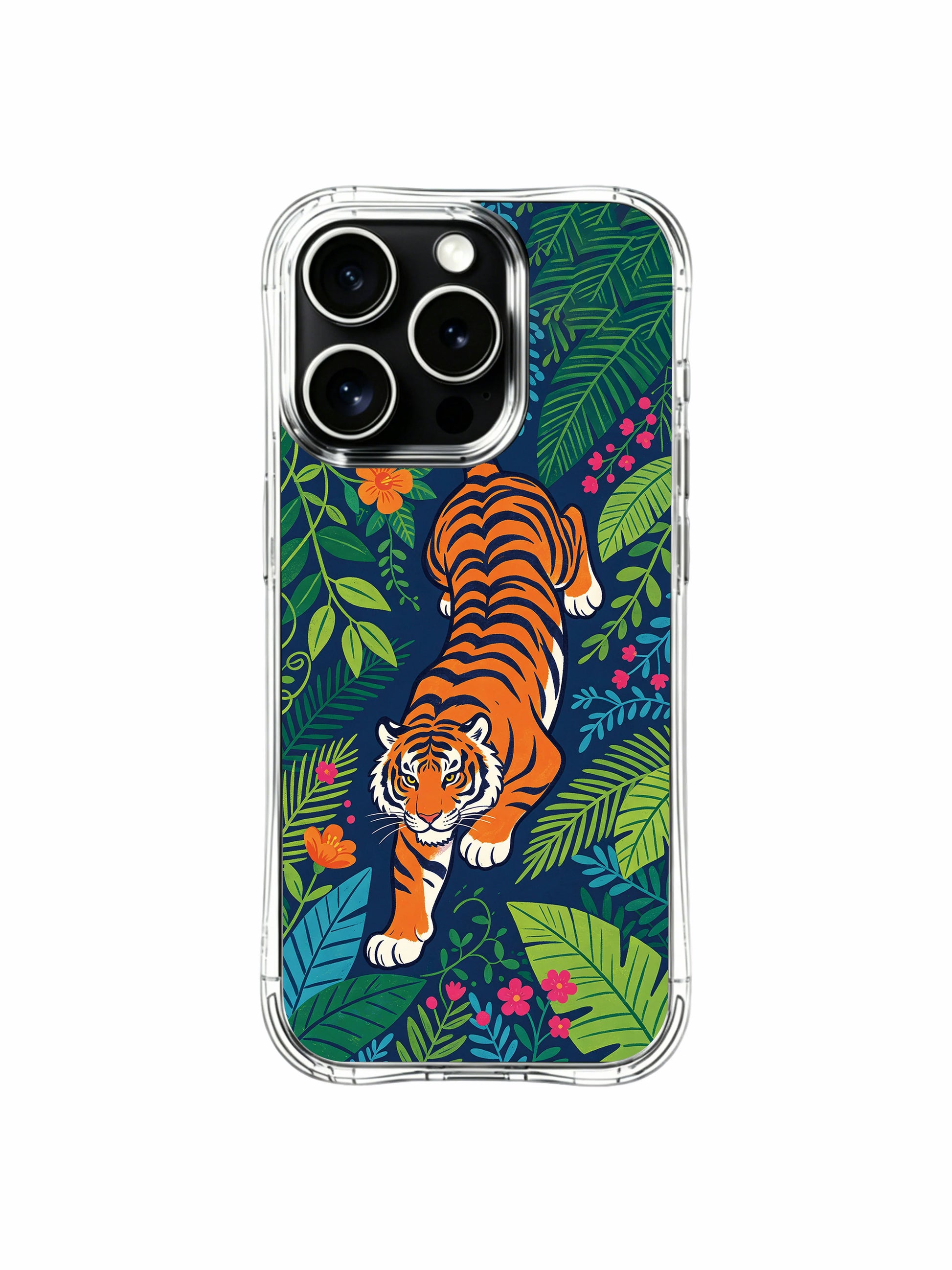 Bright citrus-orange tiger bursting through lush green canopy leaves iPhone 13 pro Case from PhoneCasing, layered tropical flora boutique art phone cover, hand-finished premium daily-use phone casing