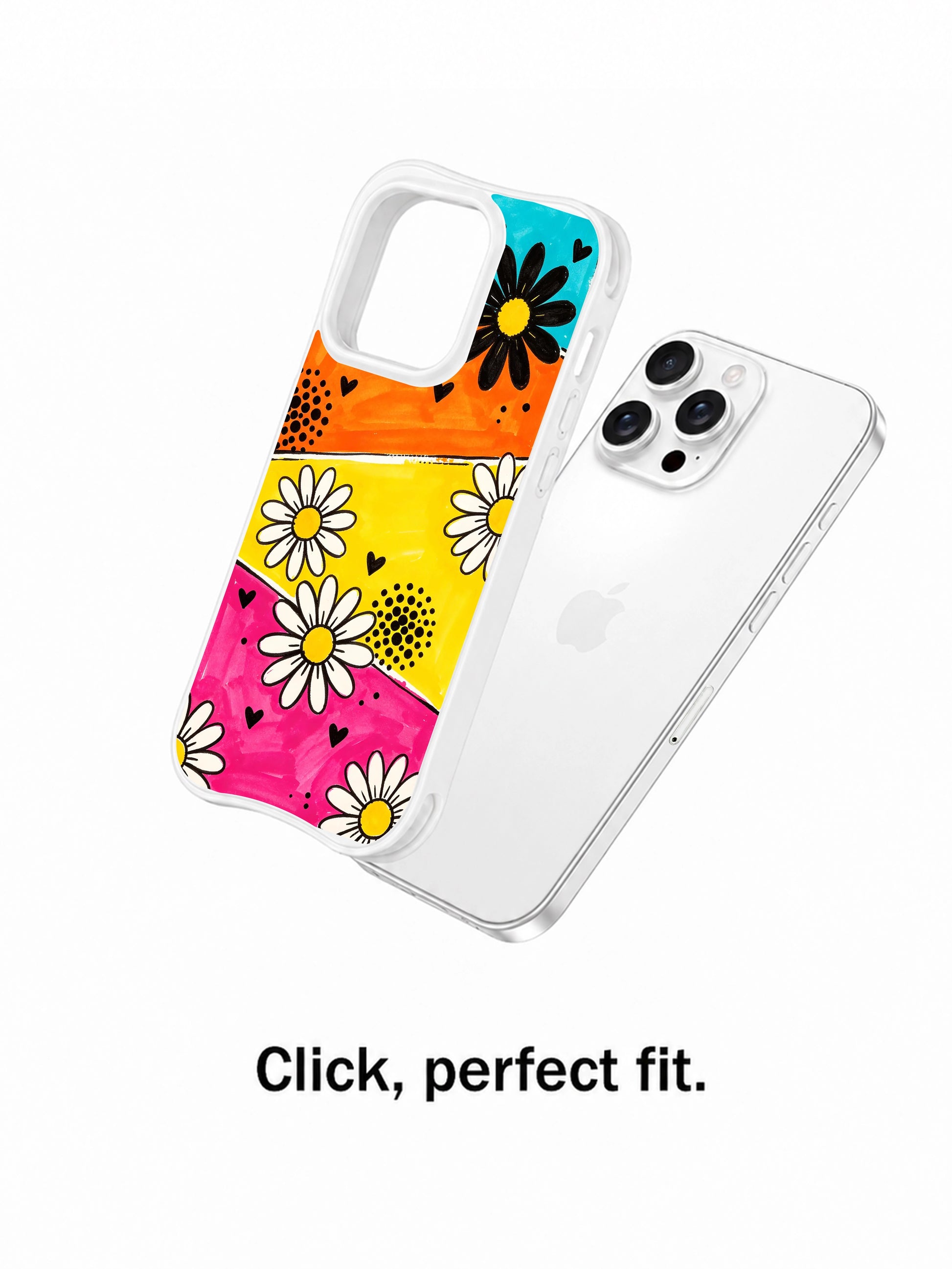 PhoneCasing iPhone 16 pro Case with bustling retro carnival slanted color block backdrop thick black marker daisy solid mini heart dot pattern, exclusive Ruby Daze design, gallery-quality wavy white frame iPhone 16 pro casing.