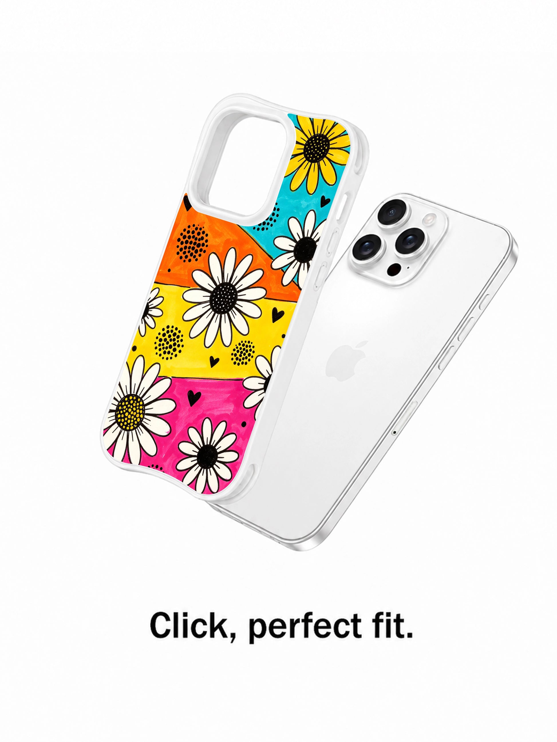 PhoneCasing iPhone 16 pro Case with bustling retro carnival slanted color block backdrop thick black marker daisy solid mini heart dot pattern, exclusive Ruby Daze design, gallery-quality wavy white frame iPhone 16 pro casing.