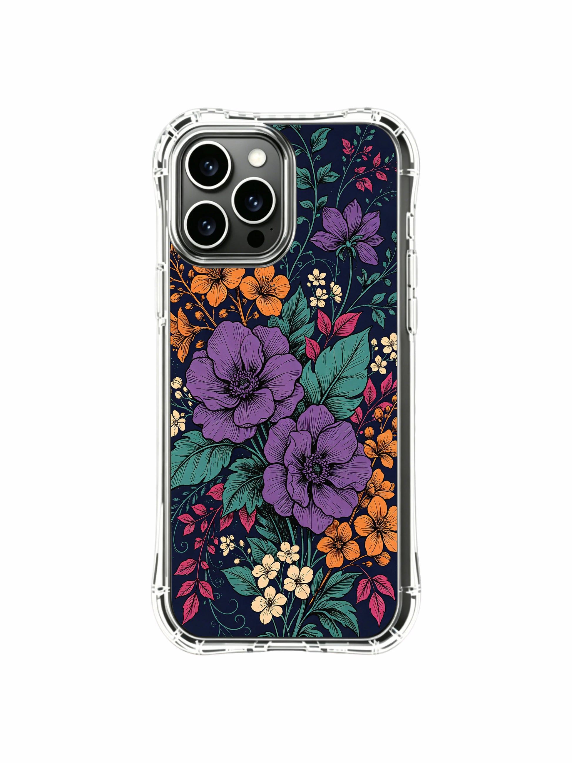 PhoneCasing iPhone 16 Pro Max Case with vibrant dark floral shadow art. Purple and golden flowers on an indigo background, durable and stylish protective case