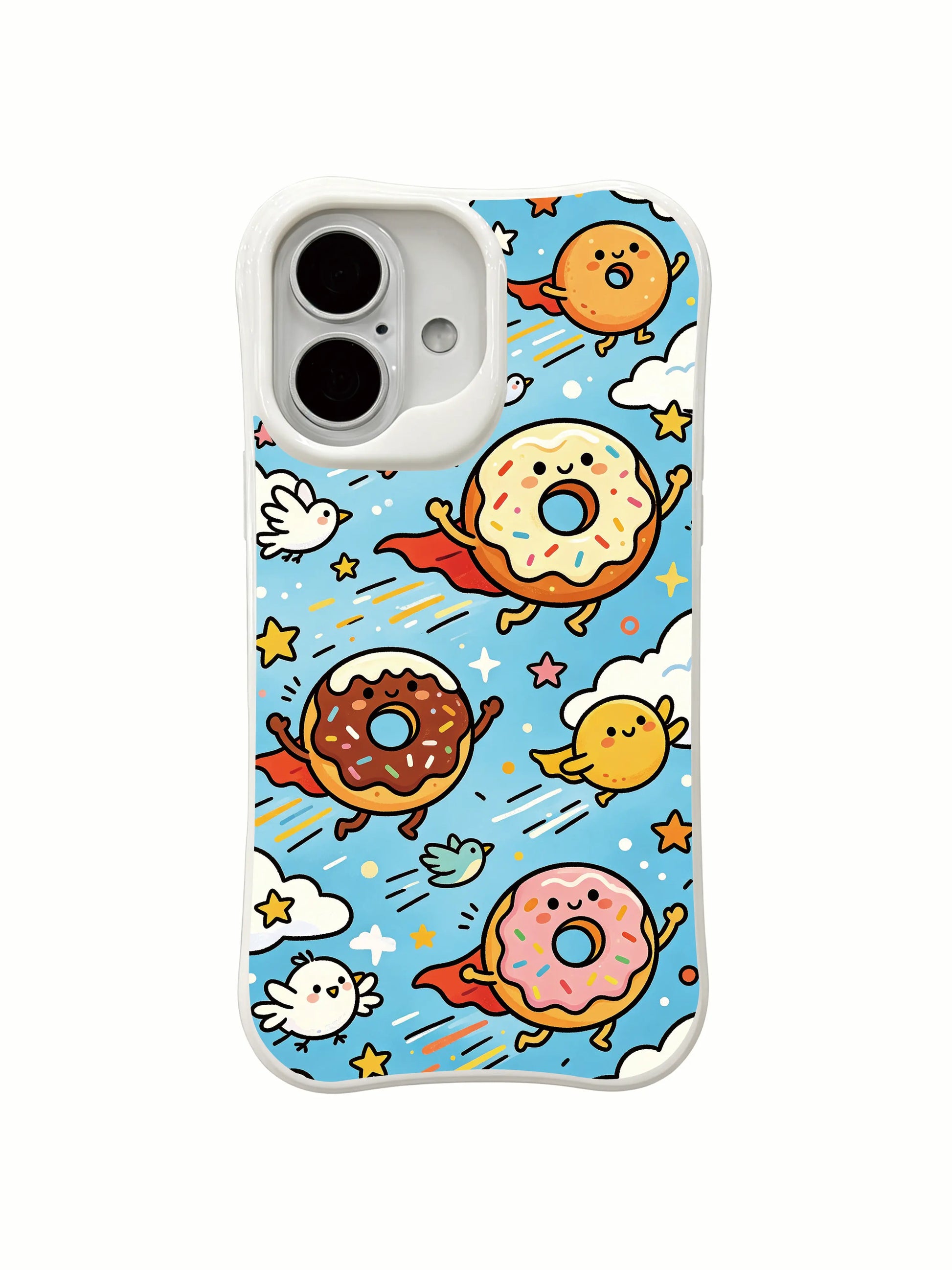 PhoneCasing vibrant donut flight iPhone 16 Plus Case, eye-catching artwork with donuts leaving frosting trails in the sky.