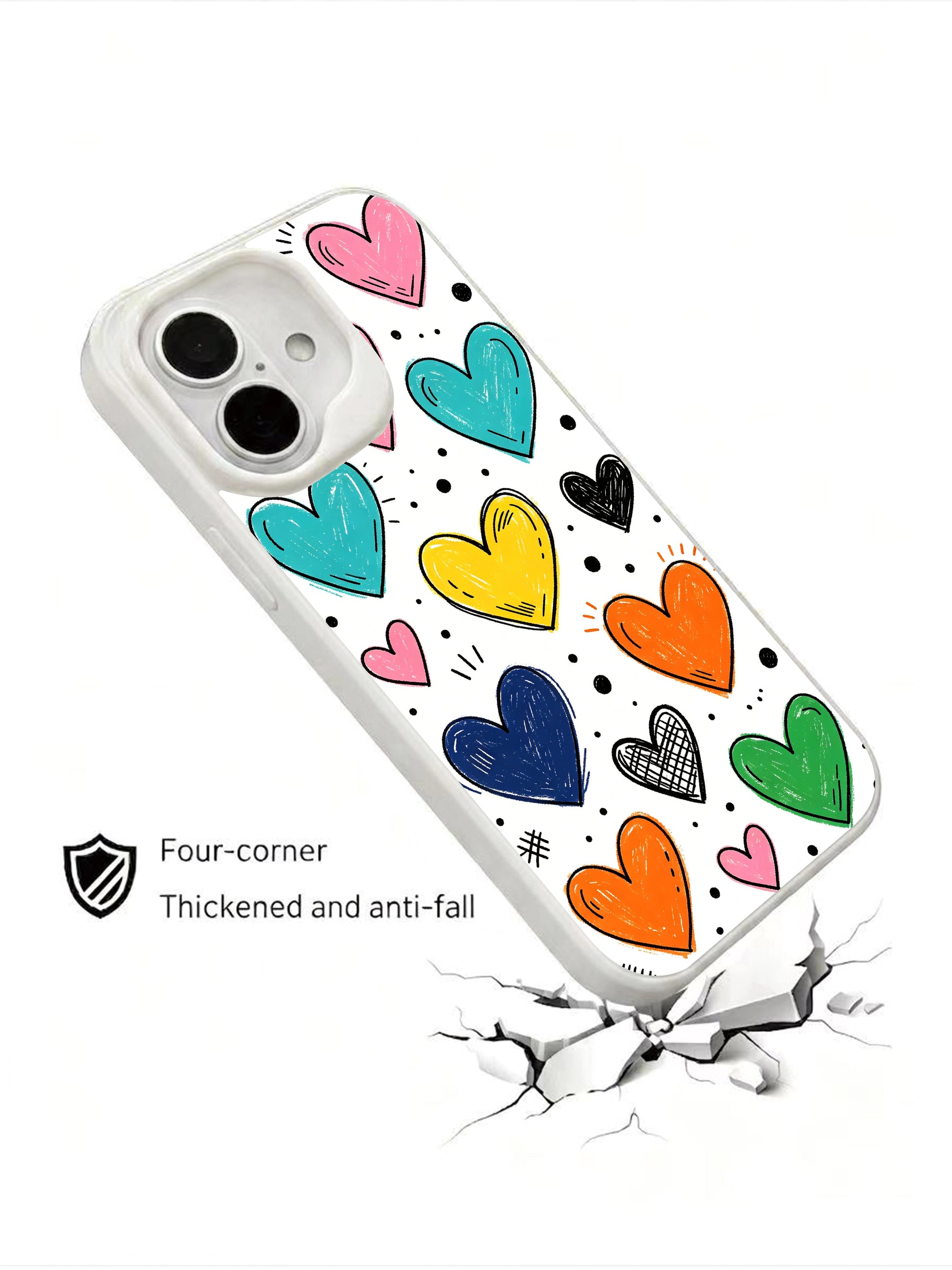 PhoneCasing Vibrant Doodle Hearts Case for iPhone 16 Plus, a fun iPhone 16 plus casing with rainbow-colored hand-drawn hearts and sketch lines.