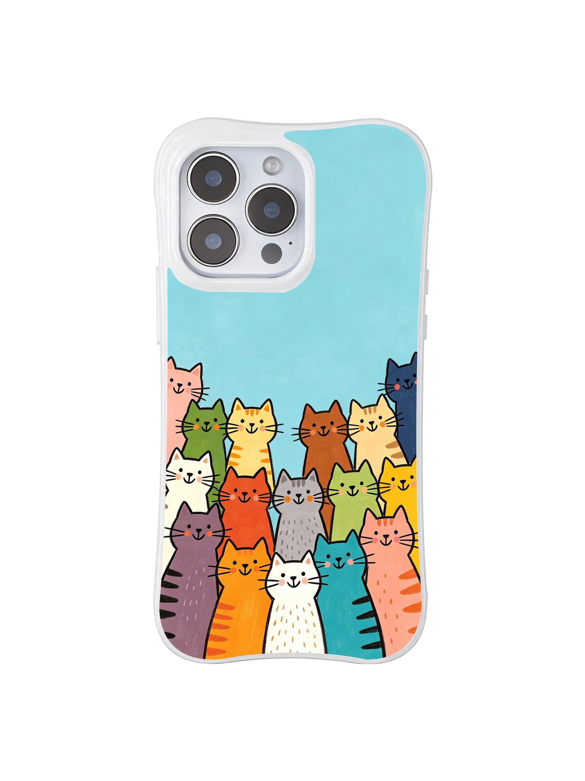 PhoneCasing iPhone 16 Pro Max with Vibrant Feline Choir design, bright multicolored cats bringing cheerful energy to a soft sky-blue background.