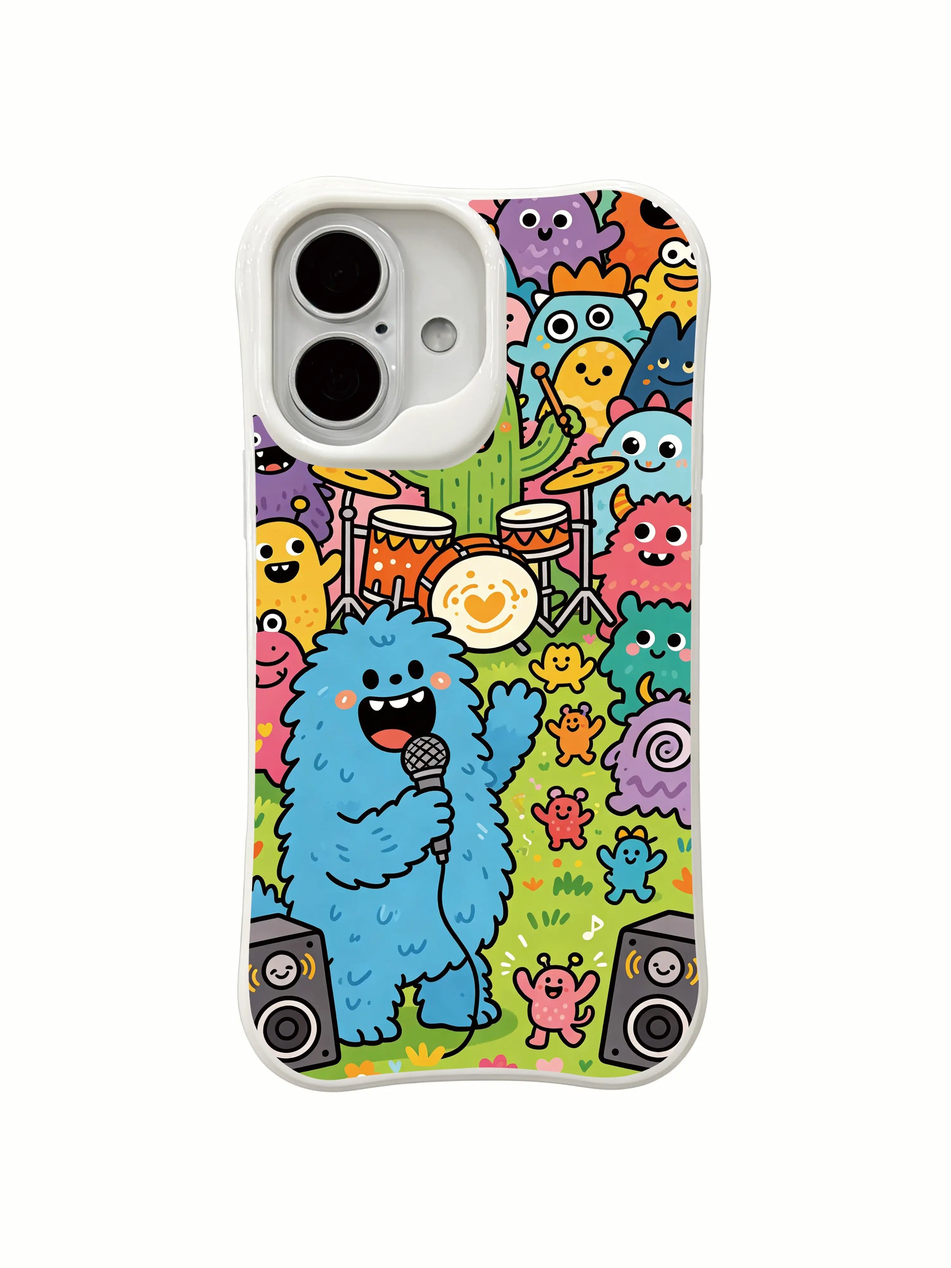 PhoneCasing vibrant grassland concert iPhone 16 Plus Case, eye-catching artwork with a blue fuzzy monster lead singer.