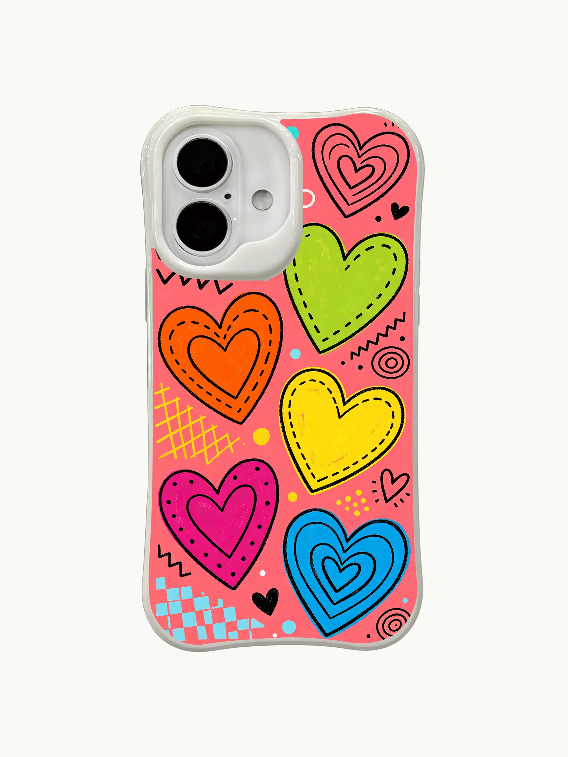 PhoneCasing Vibrant Heart Doodle Case for iPhone 16 Plus, a bold iPhone 16 plus casing with bright tropical colors and retro patterns.