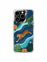 Vibrant sunset orange hibiscus borders wind-waving coastal jaguar iPhone 13 pro Case from PhoneCasing, original hand-drawn Noah Wildfern illustration phone cover, slim zero-bulk premium shockproof casing