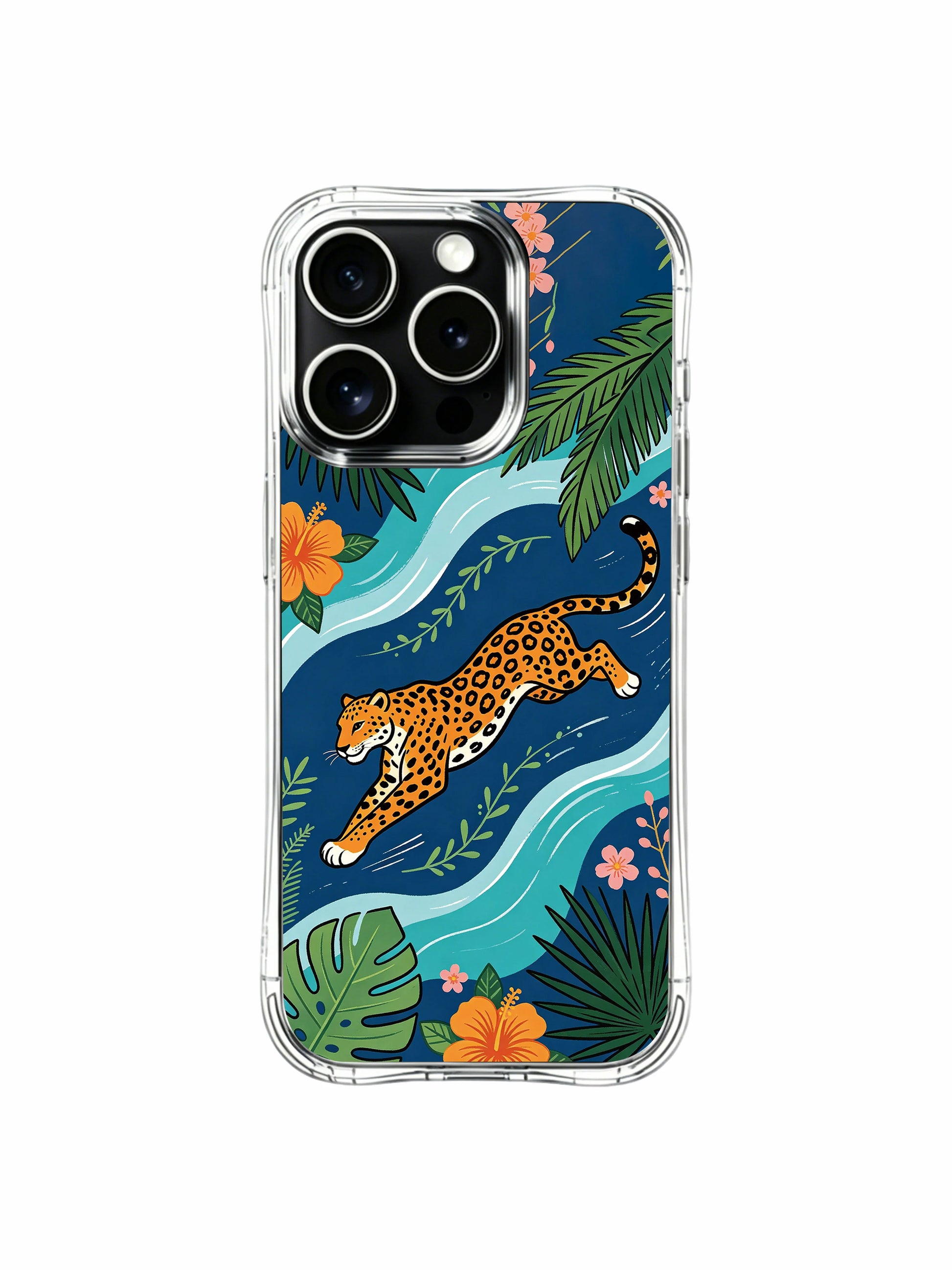 Vibrant sunset orange hibiscus borders wind-waving coastal jaguar iPhone 13 pro Case from PhoneCasing, original hand-drawn Noah Wildfern illustration phone cover, slim zero-bulk premium shockproof casing