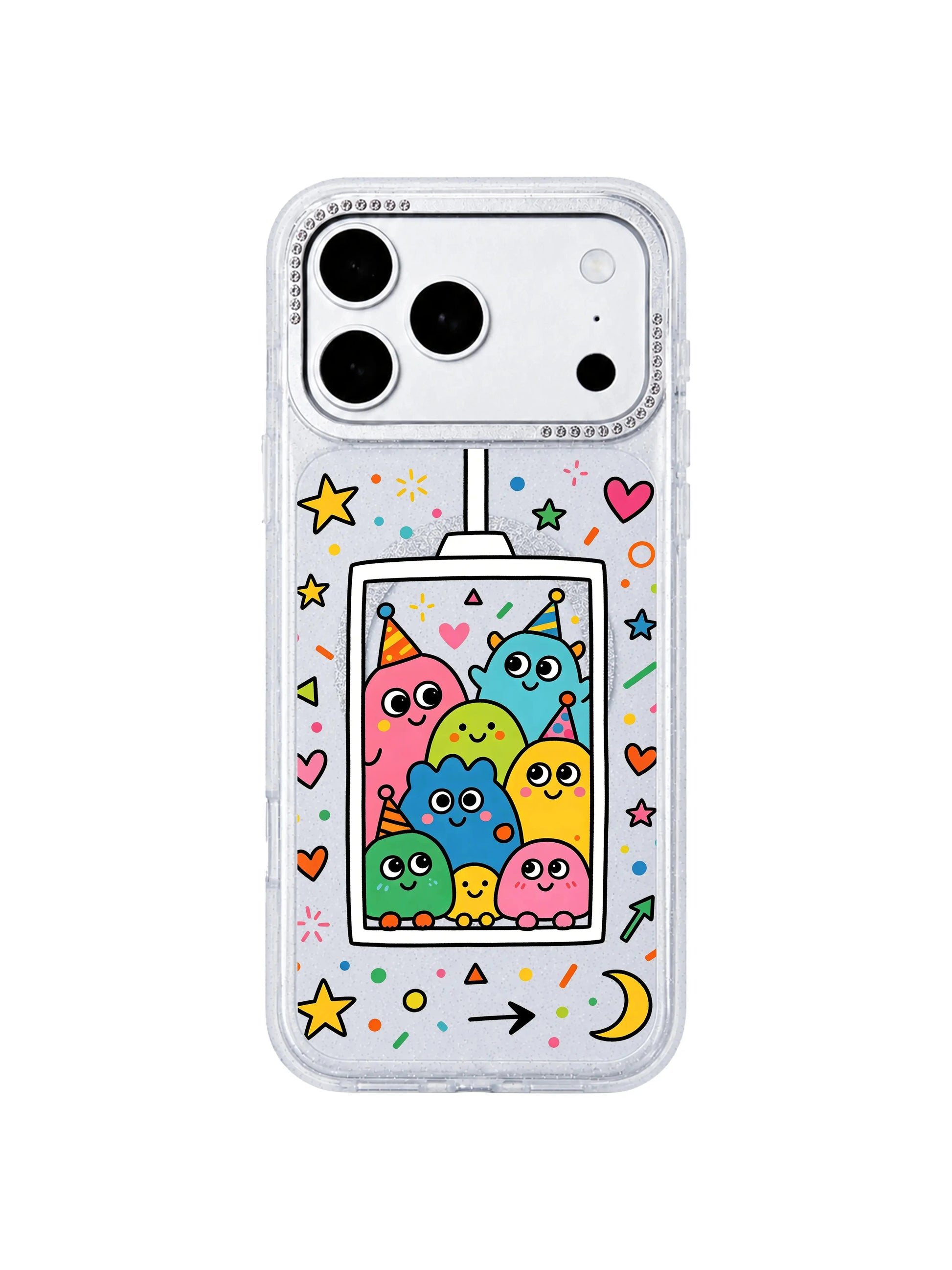 PhoneCasing full hue spectrum showcase of Vibrant Imagination Monster iPhone 17 Pro Max case, saturated vivid elevator & wish creature artwork printed with long-lasting scratch-proof ink for the iPhone 17 Pro Max casing