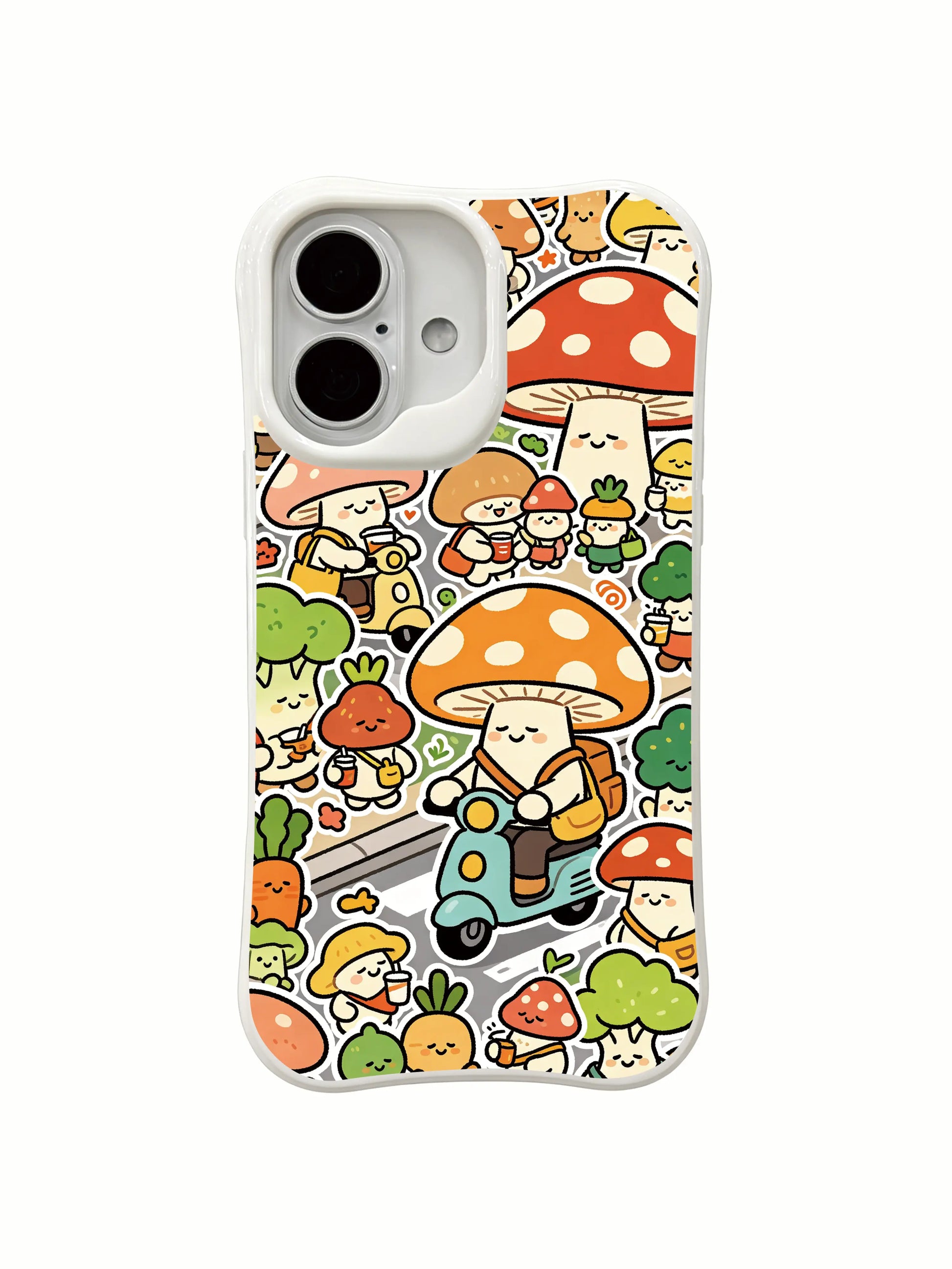 PhoneCasing vibrant mushroom town iPhone 16 Plus Case, Milo Yun’s Mushroom Town Rush Hour with colorful character art.