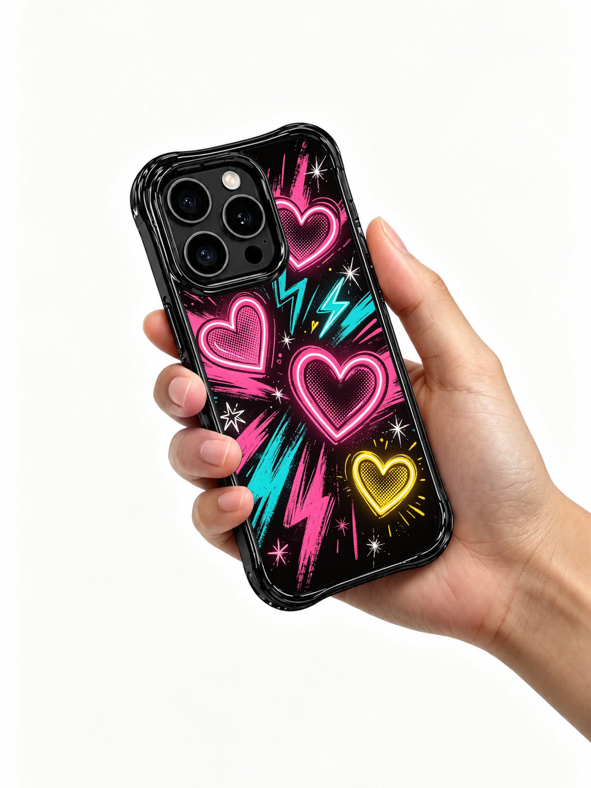 PhoneCasing iPhone 13 Pro Max case high contrast neon palette of hot pink, mint cyan and lemon yellow glowing hearts, textured halftone dot fills, dynamic star spark & lightning details, scratch-resistant eye-catching edgy statement phone cover.